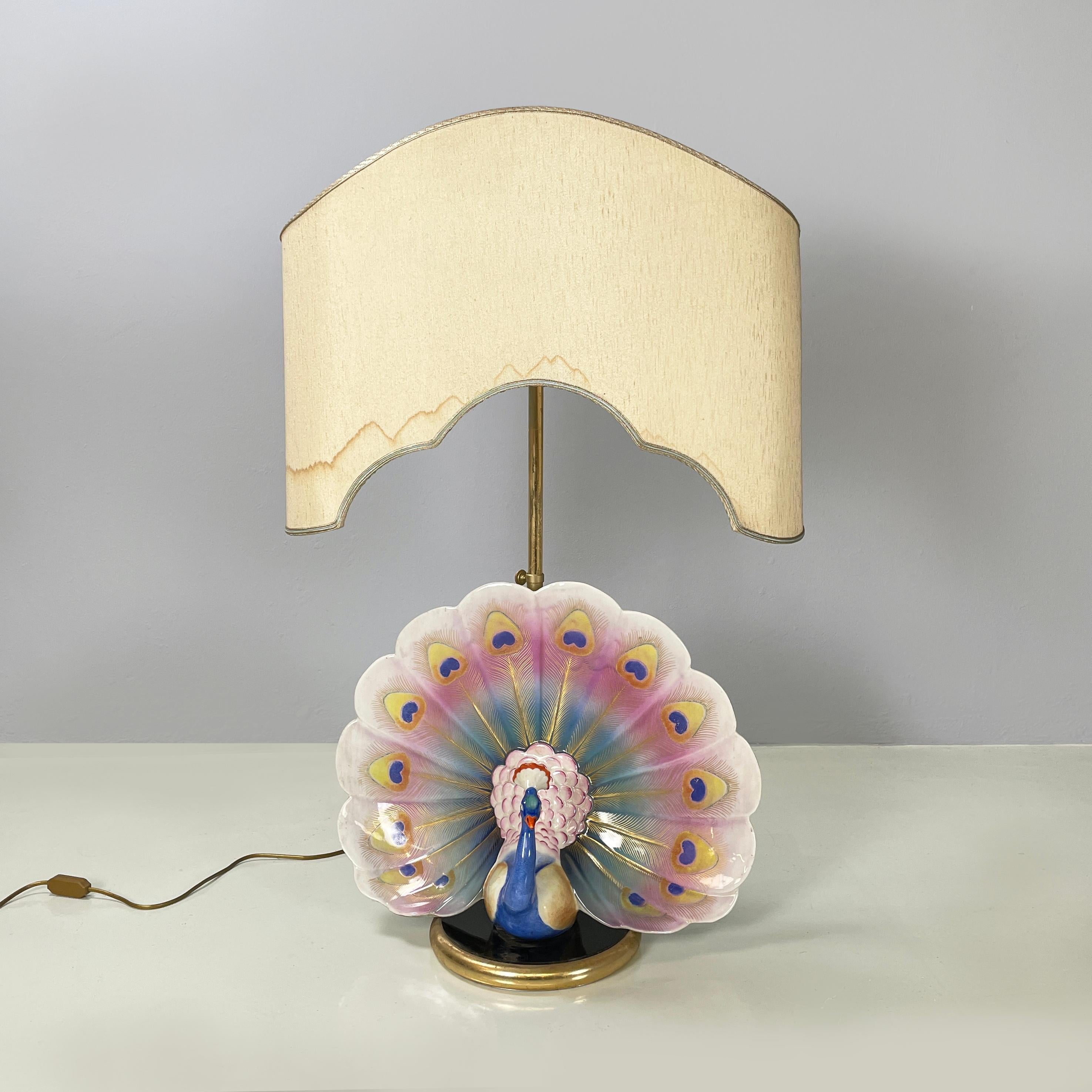 Italian mid-century Adjustable table lamp with peacock in ceramic brass, 1970s In Good Condition For Sale In MIlano, IT