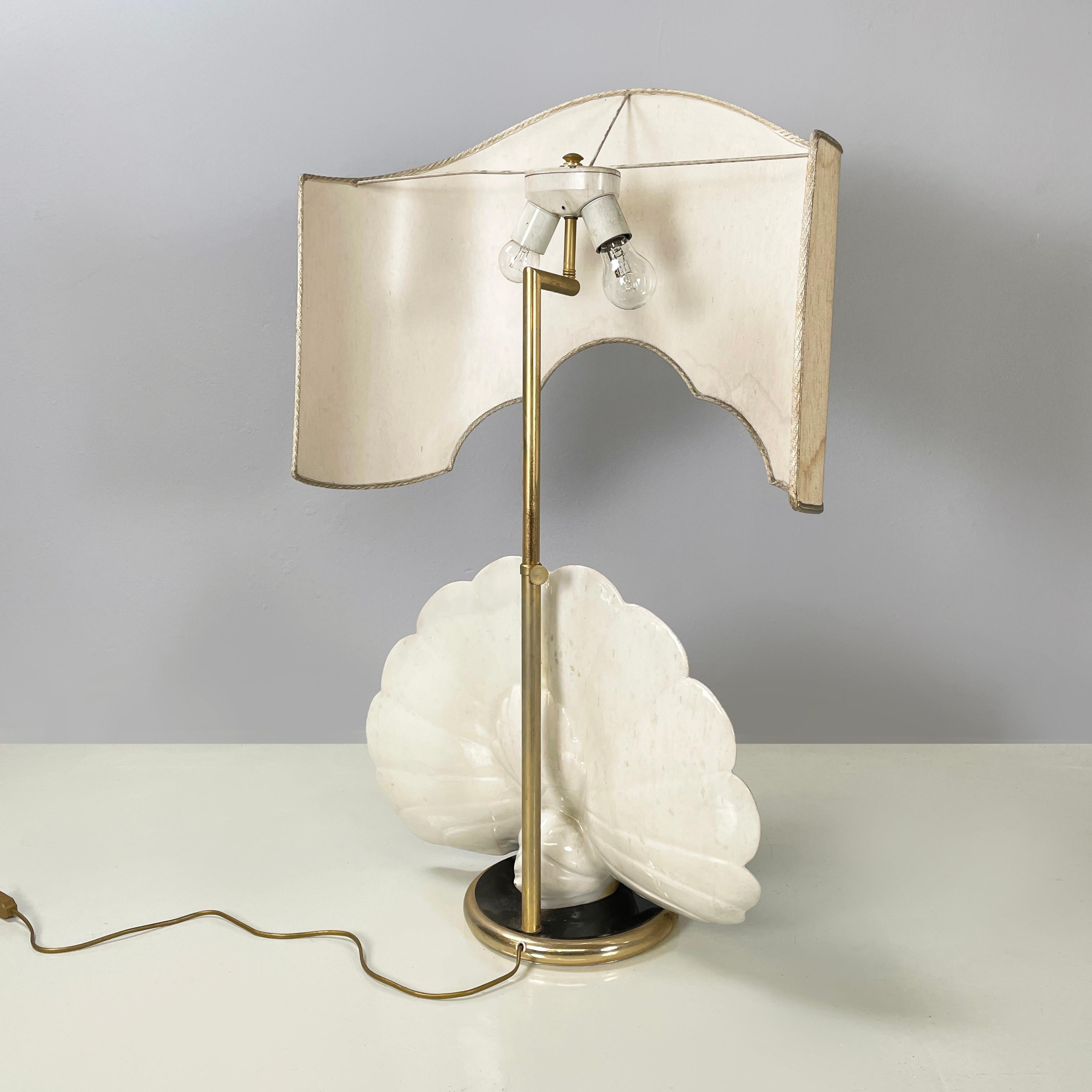 Ceramic Italian mid-century Adjustable table lamp with peacock in ceramic brass, 1970s For Sale