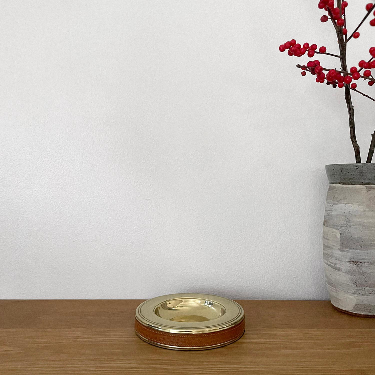 Mid-20th Century Italian Mid Century Aged Brass & Leather Catchall Ashtray For Sale