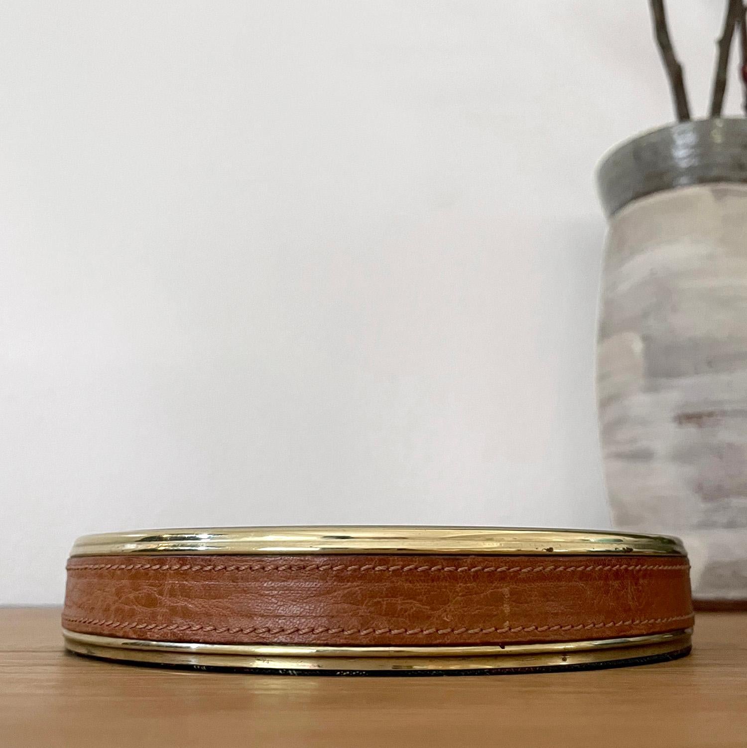 Italian Mid Century Aged Brass & Leather Catchall Ashtray For Sale 1