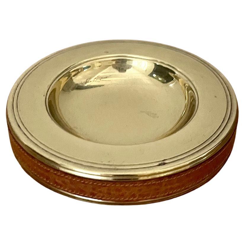 Italian Mid Century Aged Brass & Leather Catchall Ashtray For Sale