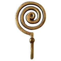 Italian Mid Century Aged Brass Spiral Single Wall Hook Coat Hanger