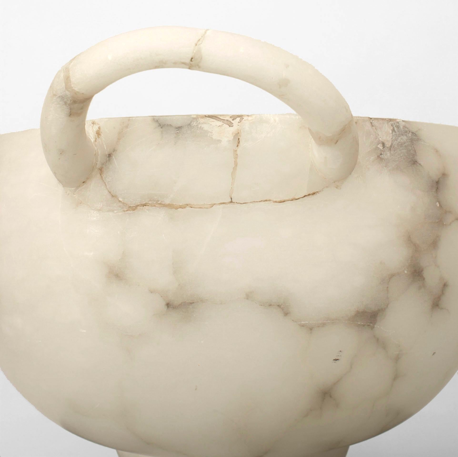 Italian mid-century (1940s) large alabaster round bowl (jardiniere) with handles supported on a solid conical shaped base.
   
