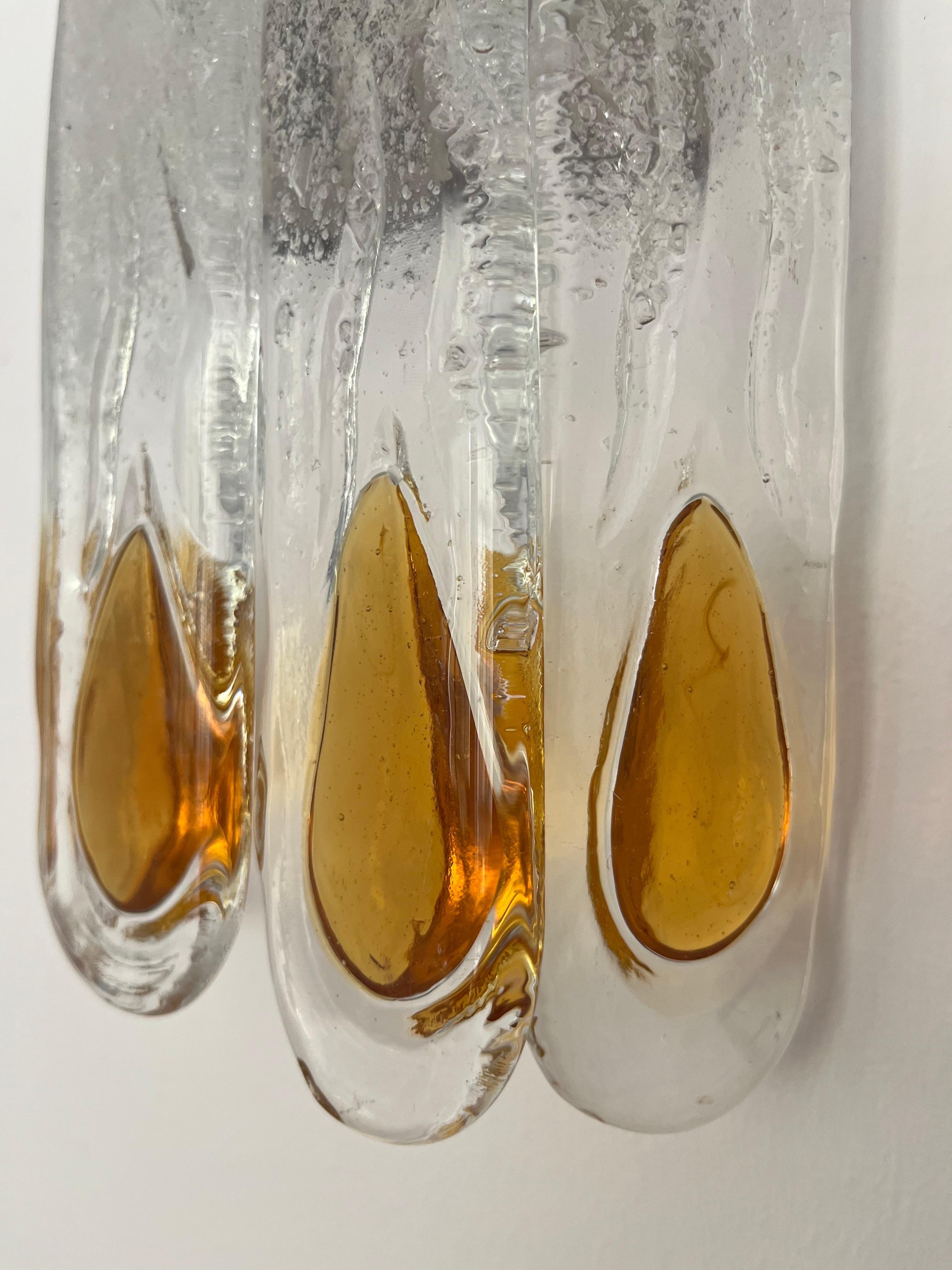 Italian Mid-Century Amber Clear Murano Pair of Wall Sconces by Mazzega, 1970s For Sale 6