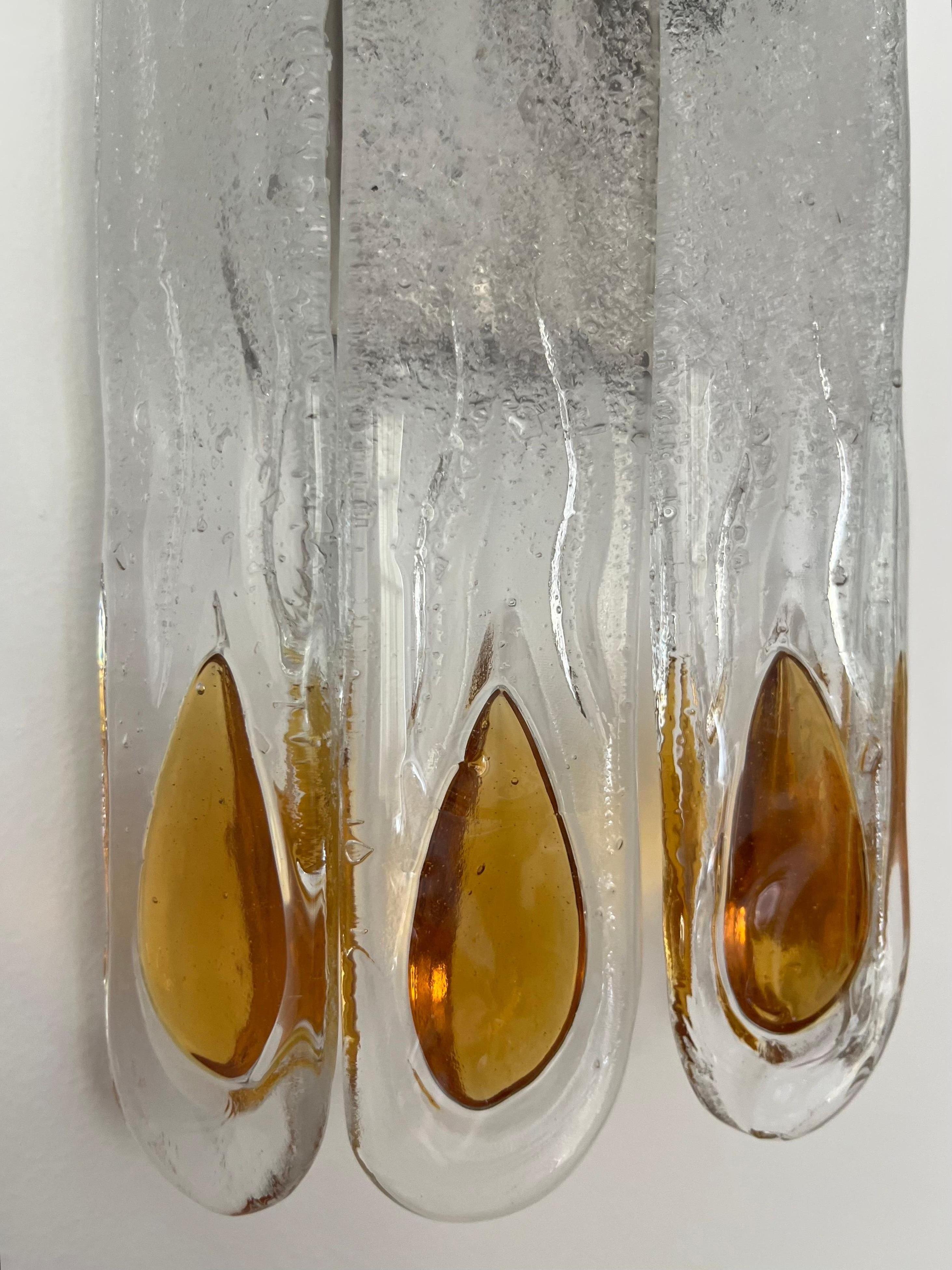 Italian Mid-Century Amber Clear Murano Pair of Wall Sconces by Mazzega, 1970s For Sale 7