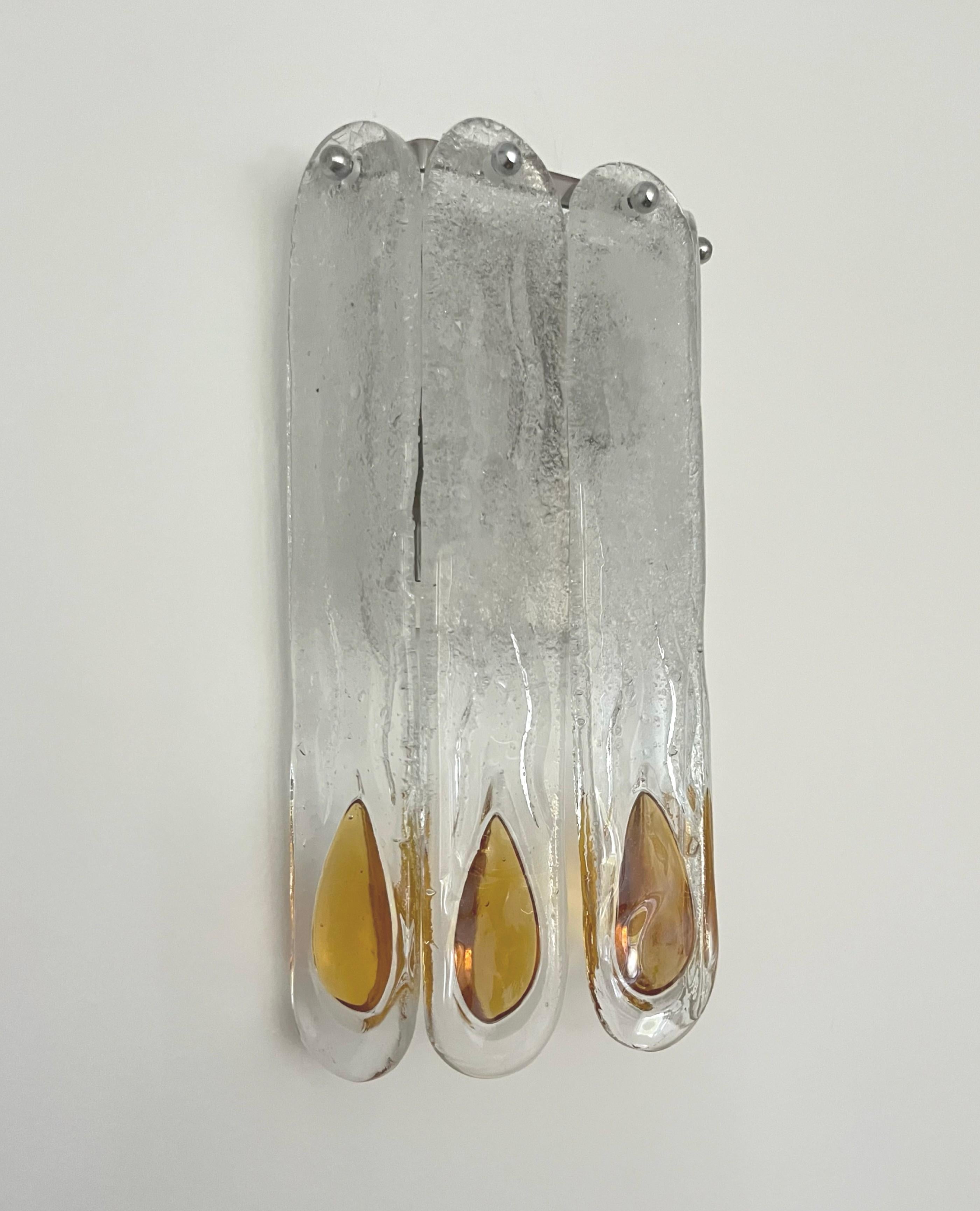 Mid-Century Modern Italian Mid-Century Amber Clear Murano Pair of Wall Sconces by Mazzega, 1970s For Sale
