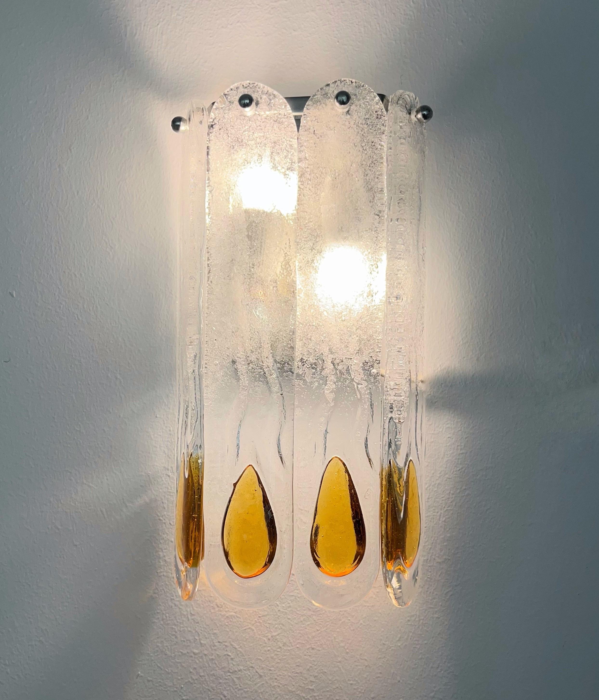 Late 20th Century Italian Mid-Century Amber Clear Murano Pair of Wall Sconces by Mazzega, 1970s For Sale