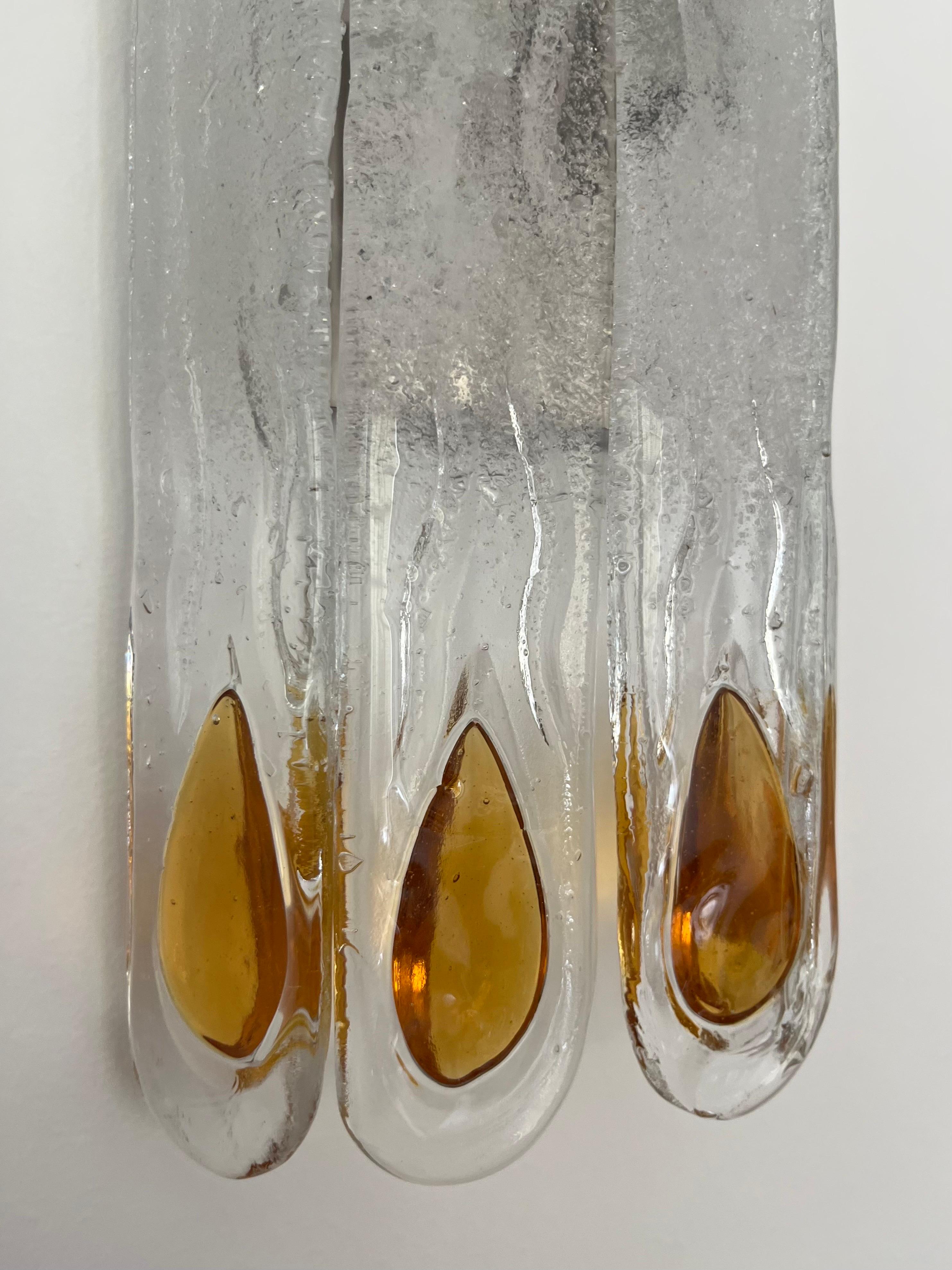 Metal Italian Mid-Century Amber Clear Murano Pair of Wall Sconces by Mazzega, 1970s For Sale