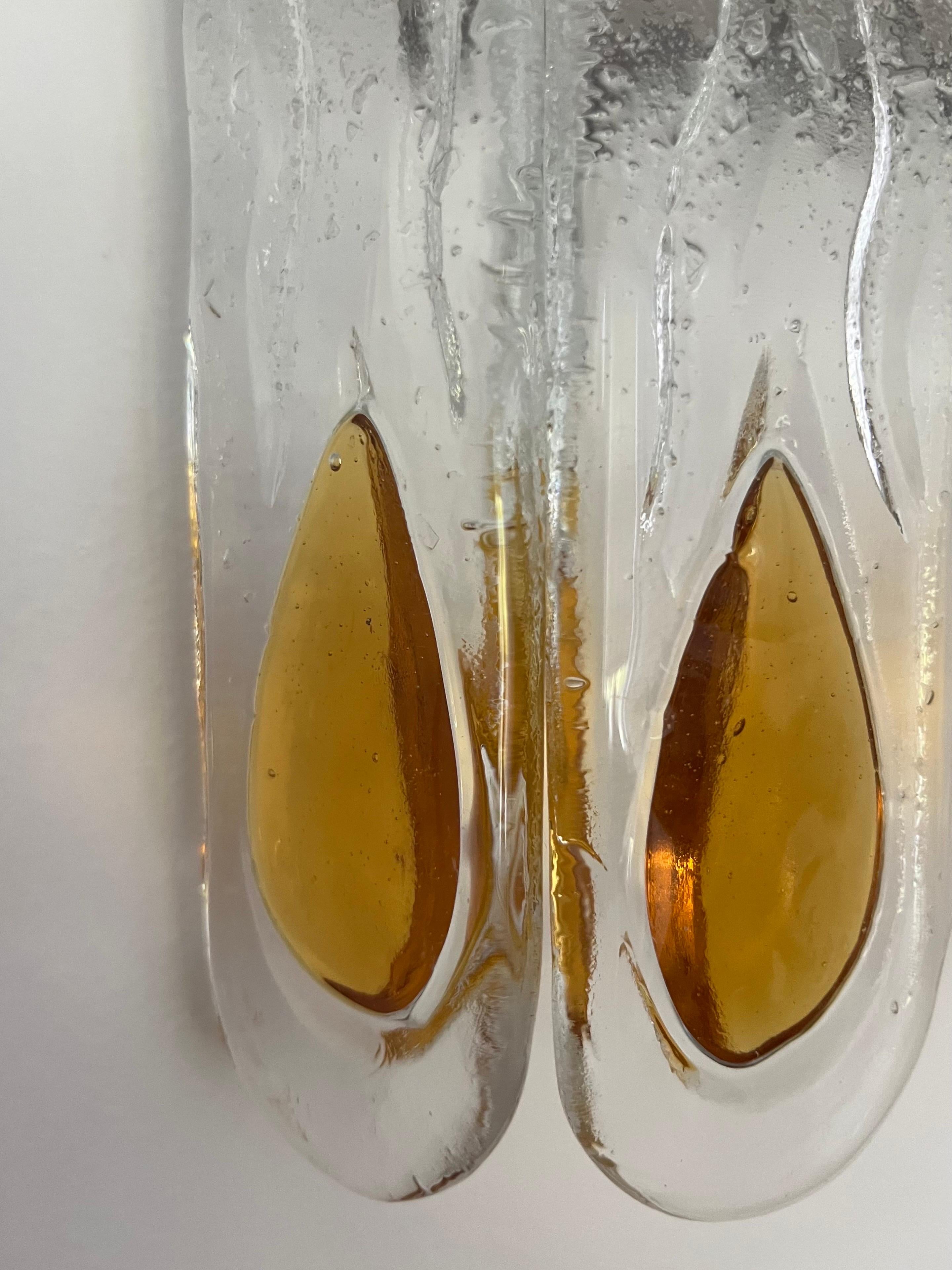 Italian Mid-Century Amber Clear Murano Pair of Wall Sconces by Mazzega, 1970s For Sale 3