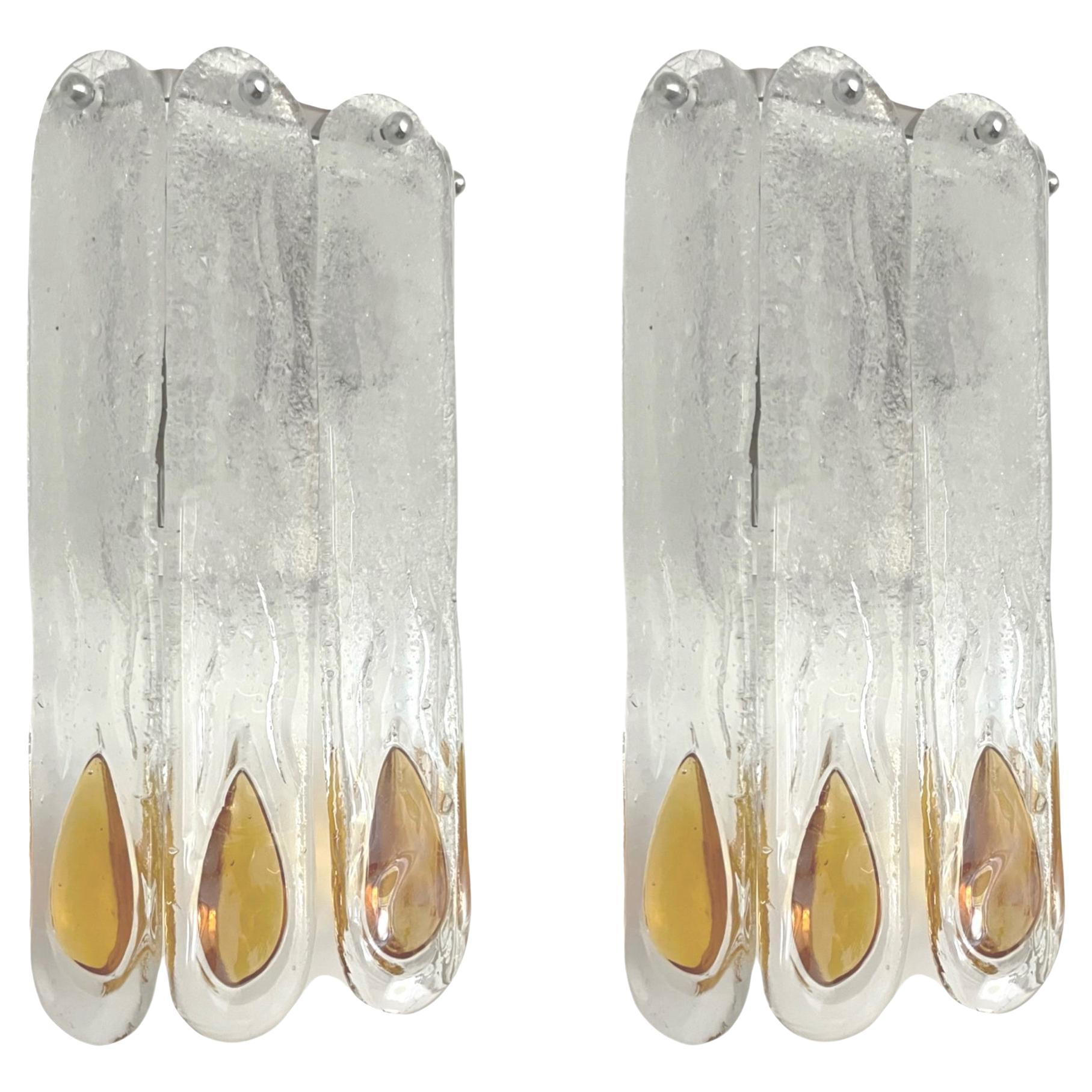 Italian Mid-Century Amber Clear Murano Pair of Wall Sconces by Mazzega, 1970s For Sale