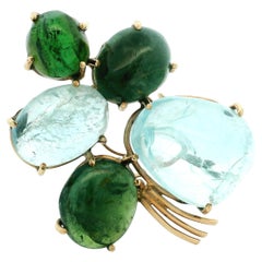 Italian Mid-Century Aquamarine Tourmaline Convertible Brooch Ring 14K