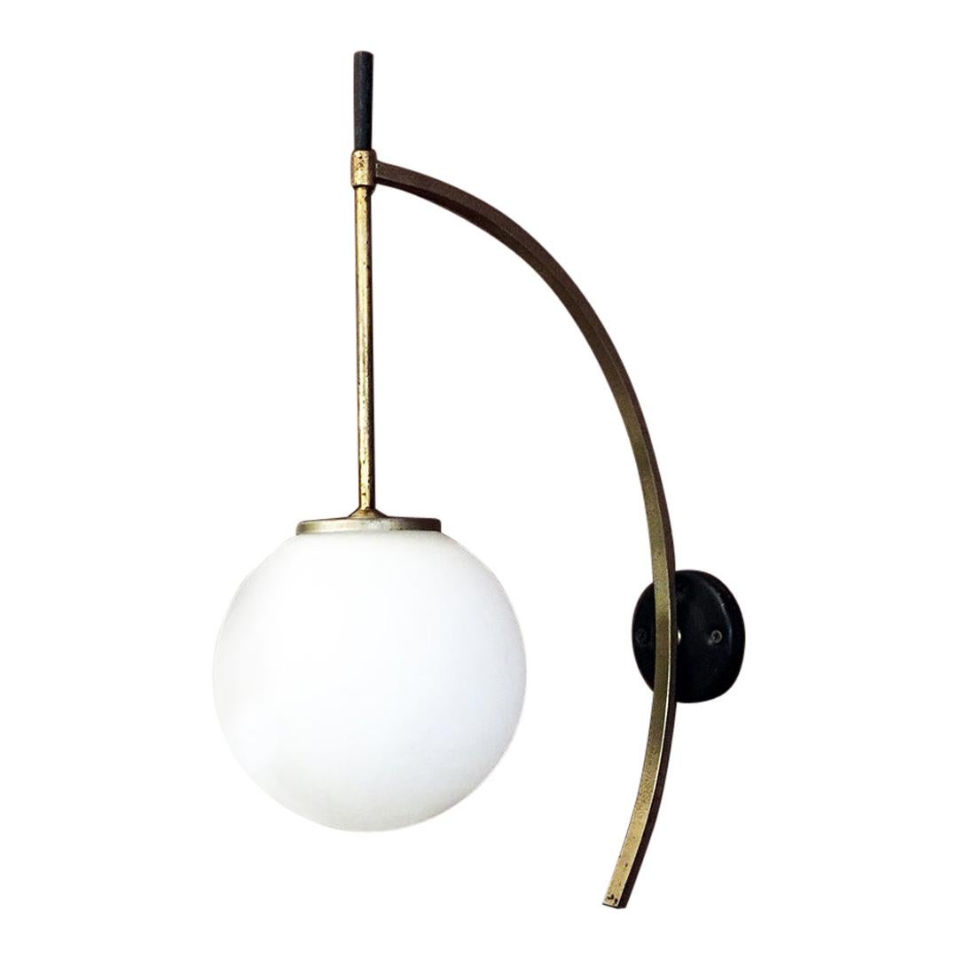 Italian Mid-Century Arch Brass Wall Lamp with Opaline Glass Lampshade, 1950s