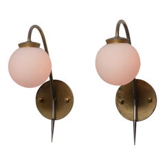 Italian Mid-Century Arched Brass Wall Lamps with Opaline Spheres, 1950s