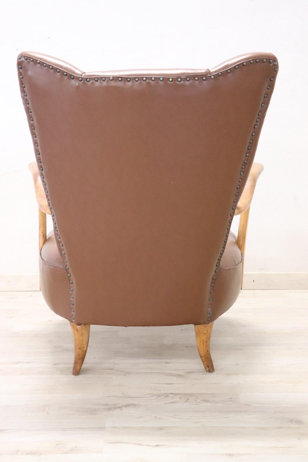 Italian Mid-Century Armchair in Brown Faux Leather For Sale 1