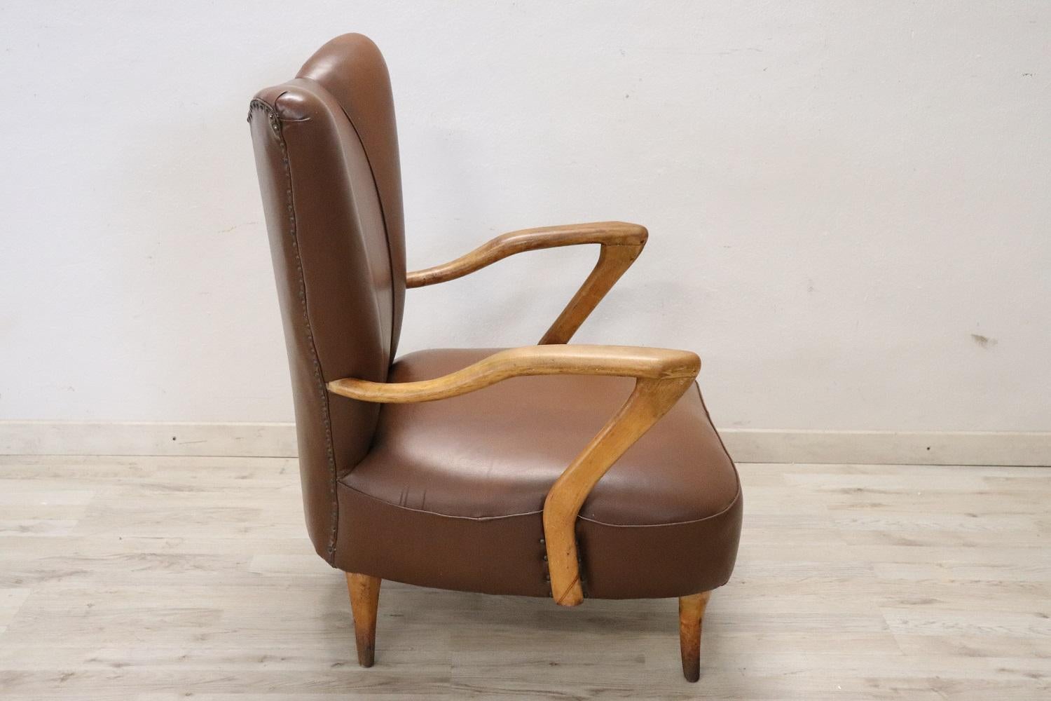 Italian Mid-Century Armchair in Brown Faux Leather For Sale 2