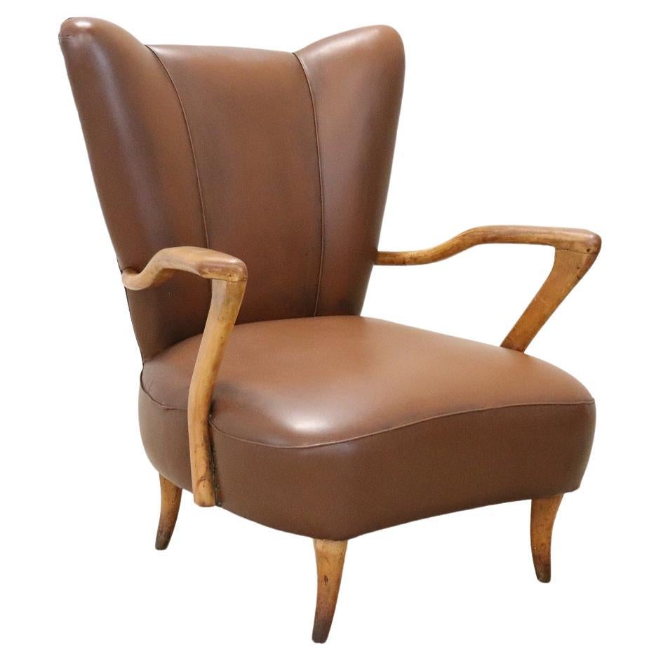 Italian Mid-Century Armchair in Brown Faux Leather For Sale