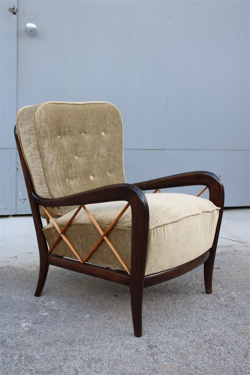 Italian mid-century armchair Paolo Buffa design velvet and walnut wood gold velvet cushions.