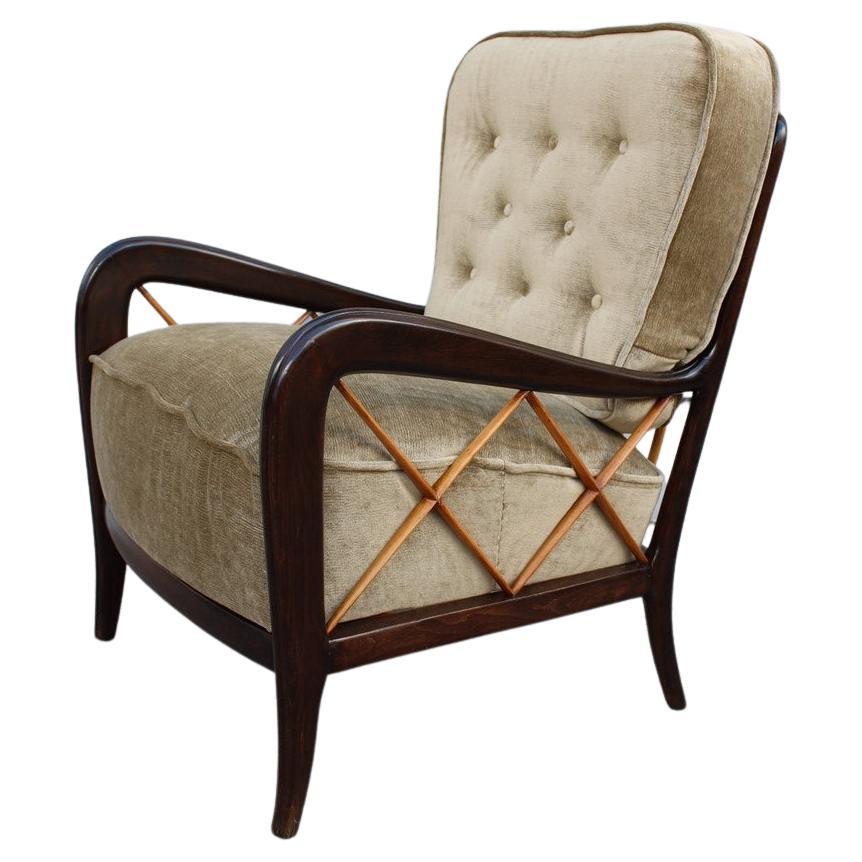 Italian Mid-Century Armchair Paolo Buffa Velvet and Walnut Maple Velvet Cushion