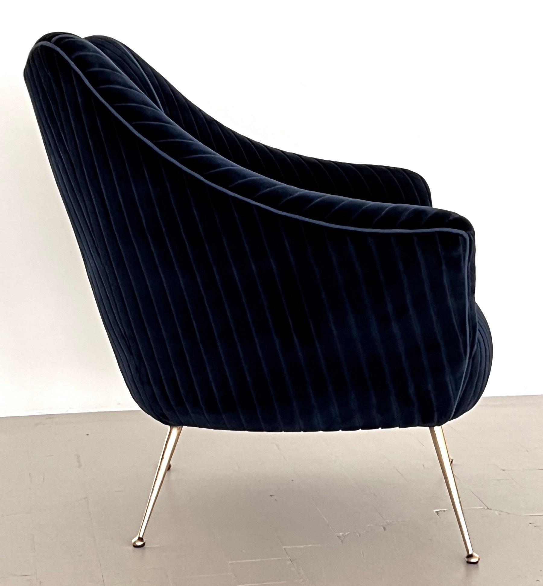 20th Century Italian Mid-Century Armchair with Brass Legs reupholstered in Magnificent Velvet For Sale