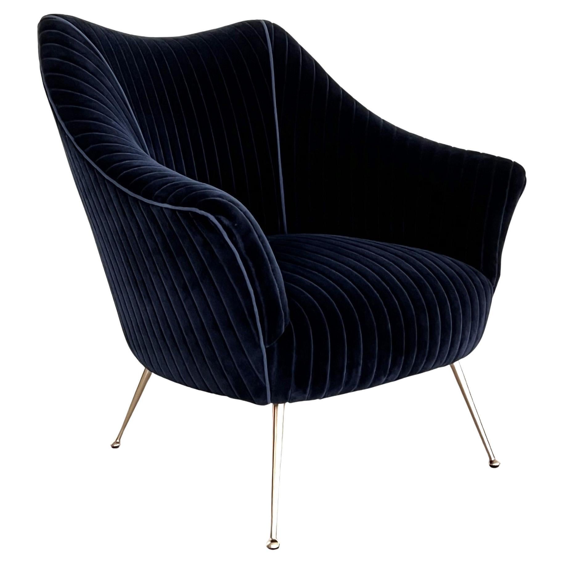 Italian Mid-Century Armchair with Brass Legs reupholstered in Magnificent Velvet For Sale