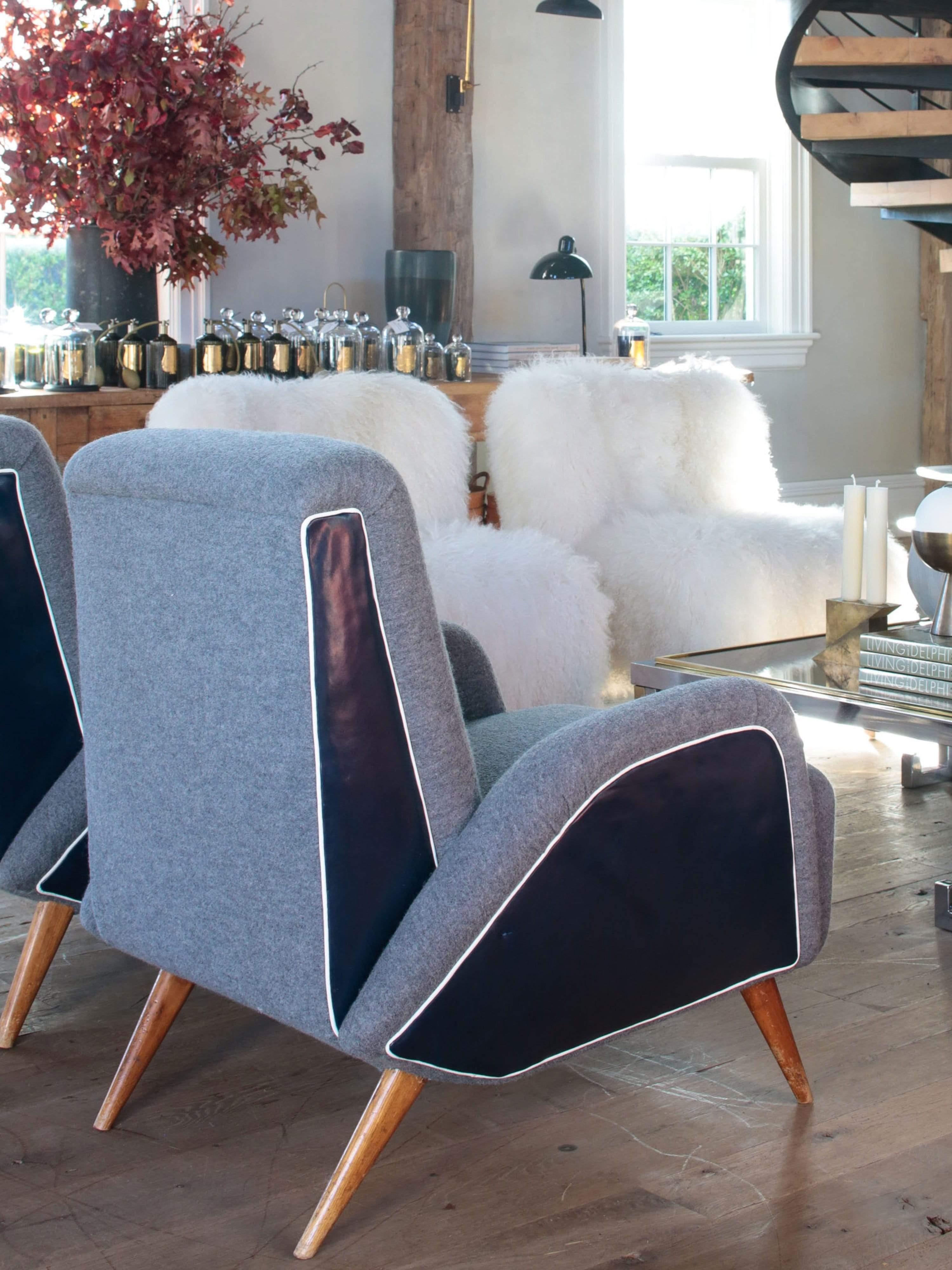 Italian Mid-Century Armchairs Boiled Wool and Leather In Excellent Condition For Sale In Sag Harbor, NY