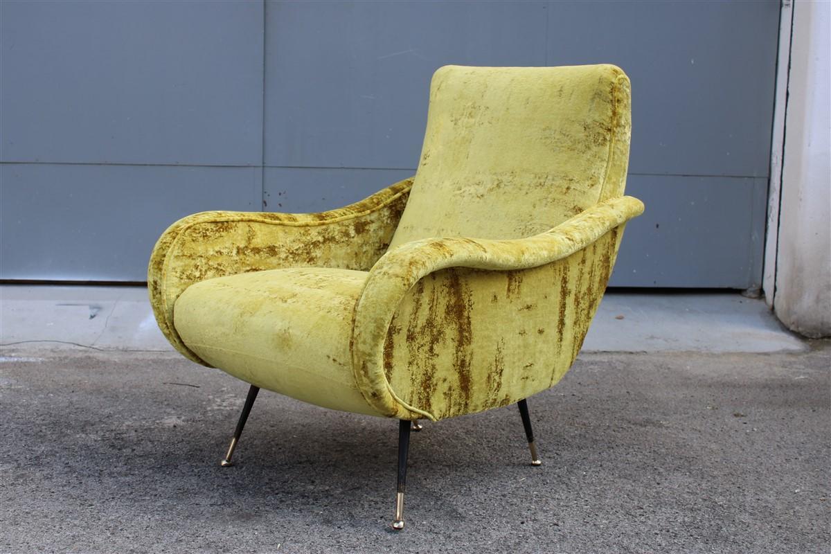 Italian mid-century armchairs foot brass gold velvet yellow Zanuso style.