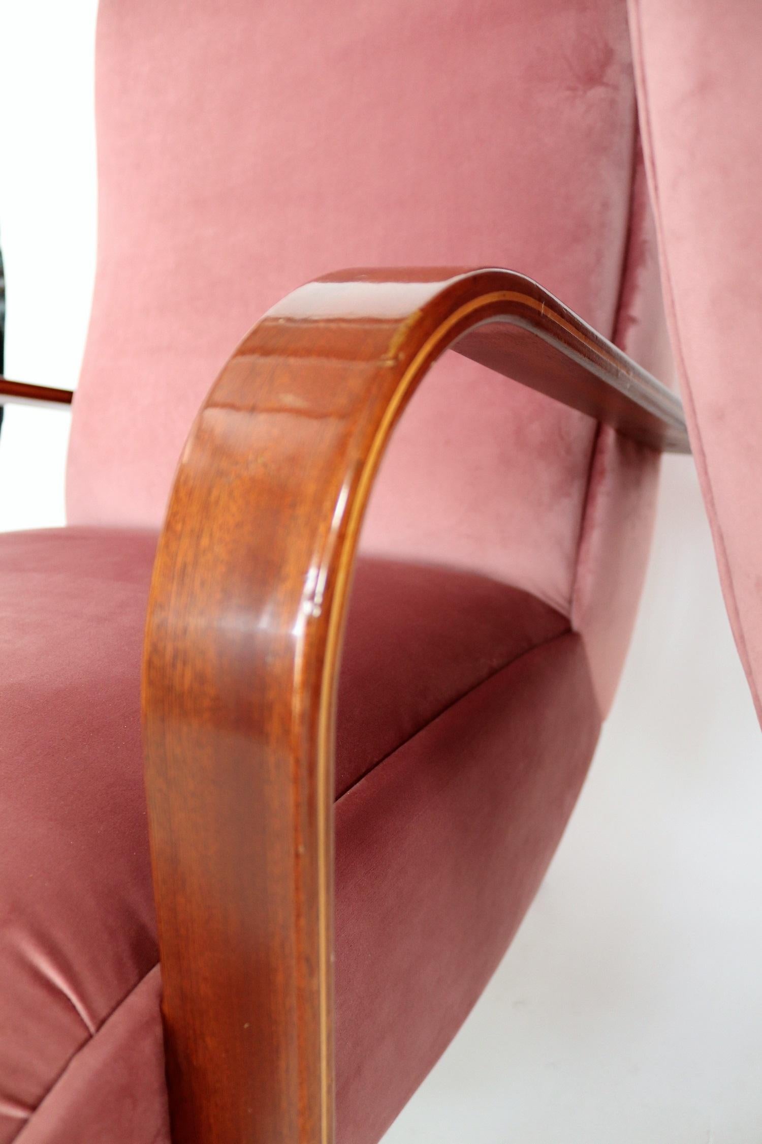 Italian Midcentury Armchairs in Mahogany, Brass and Coral Red Velvet, 1950s 10