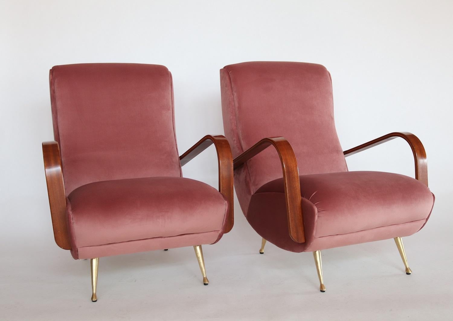 Mid-Century Modern Italian Midcentury Armchairs in Mahogany, Brass and Coral Red Velvet, 1950s