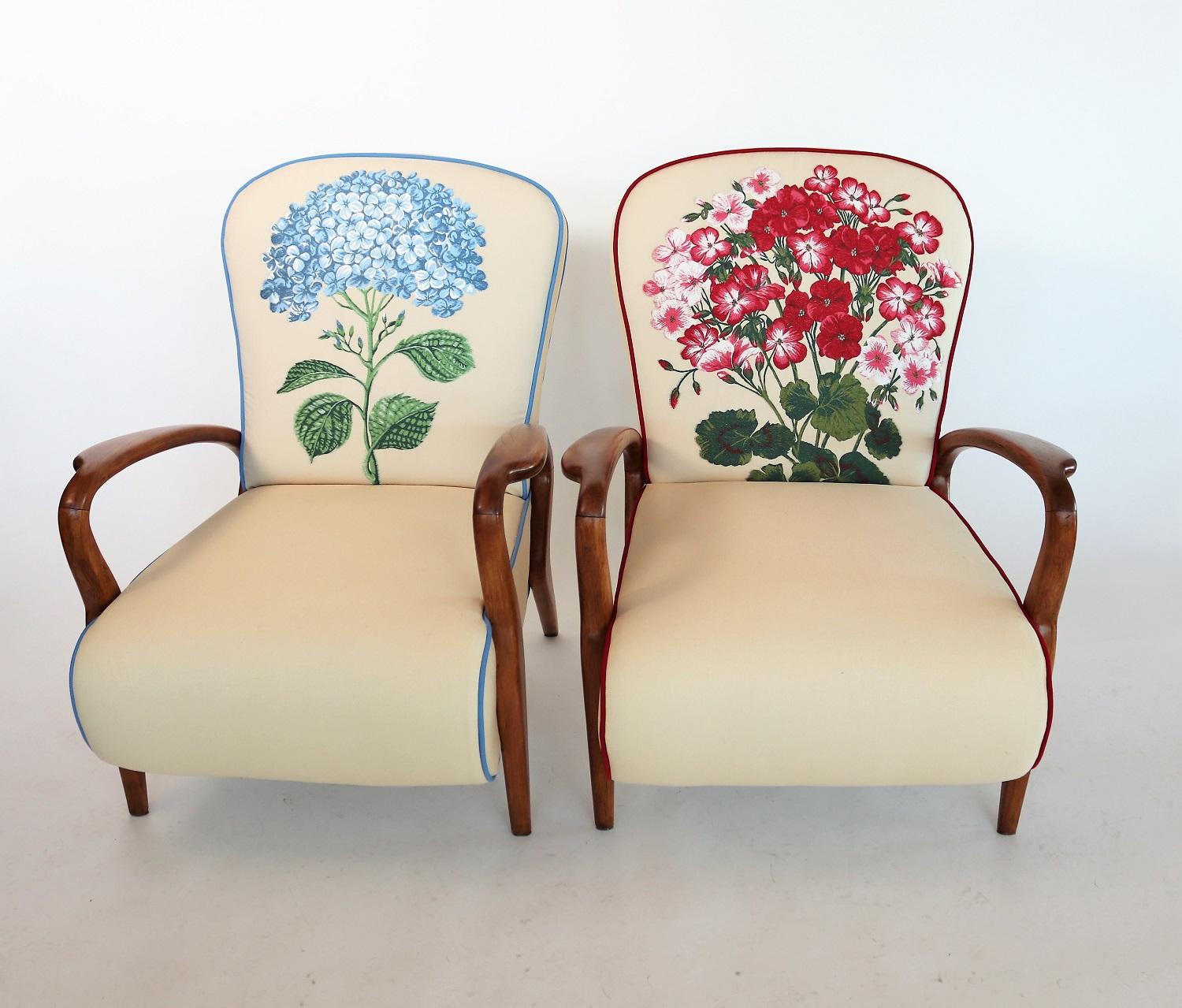 Italian Midcentury Armchairs in Oakwood and Tapestry Fabric, 1950s 12