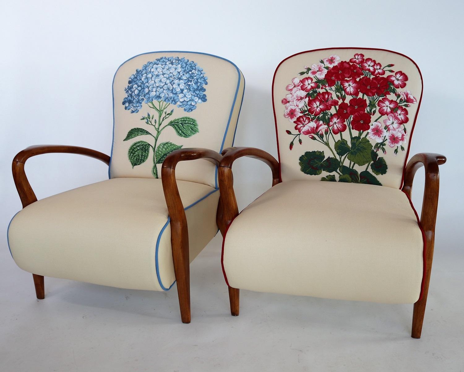 Mid-Century Modern Italian Midcentury Armchairs in Oakwood and Tapestry Fabric, 1950s