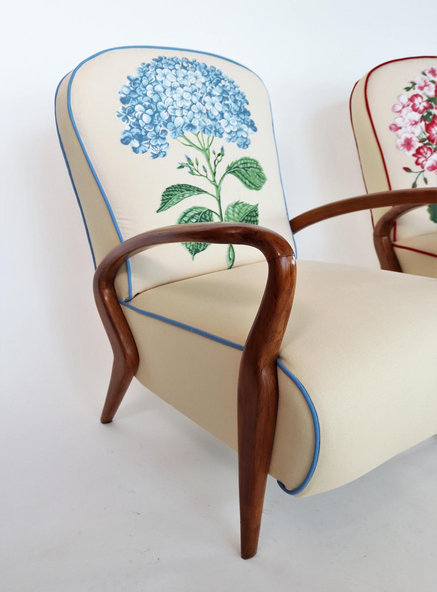 Mid-20th Century Italian Midcentury Armchairs in Oakwood and Tapestry Fabric, 1950s