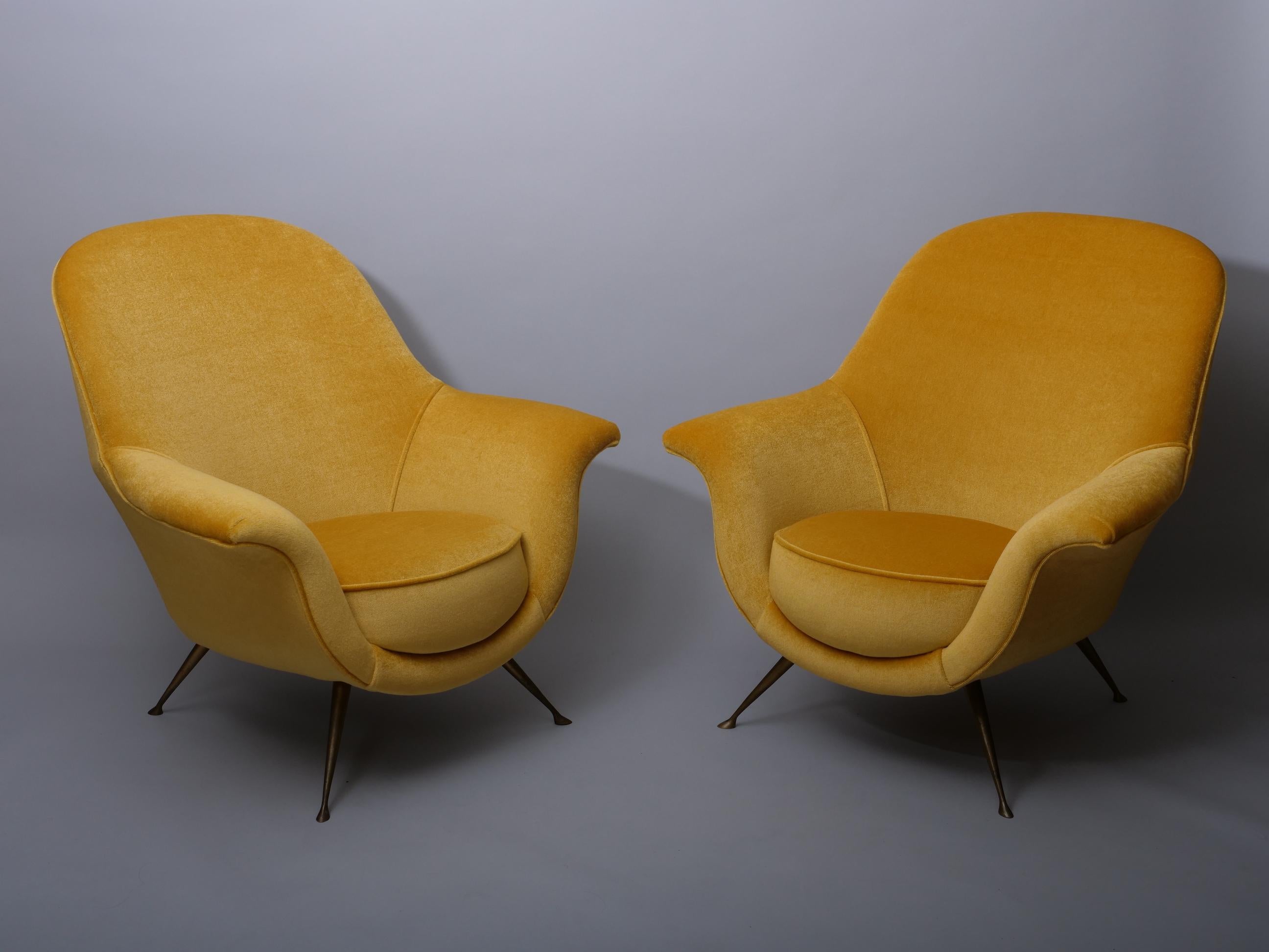Mid-Century Modern Italian mid century armchairs upholstered in a silk mohair velvet For Sale