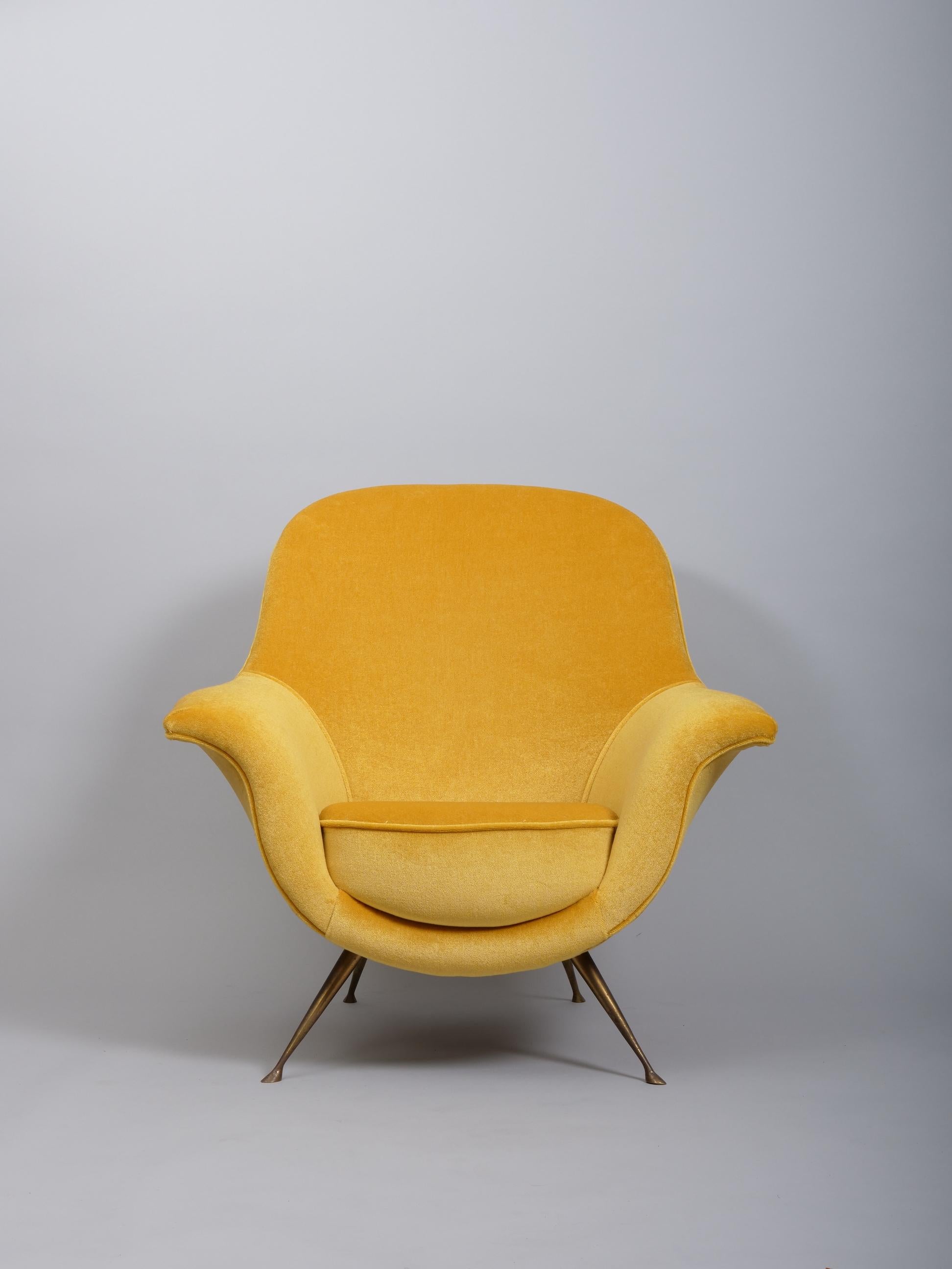 Fabric Italian mid century armchairs upholstered in a silk mohair velvet For Sale
