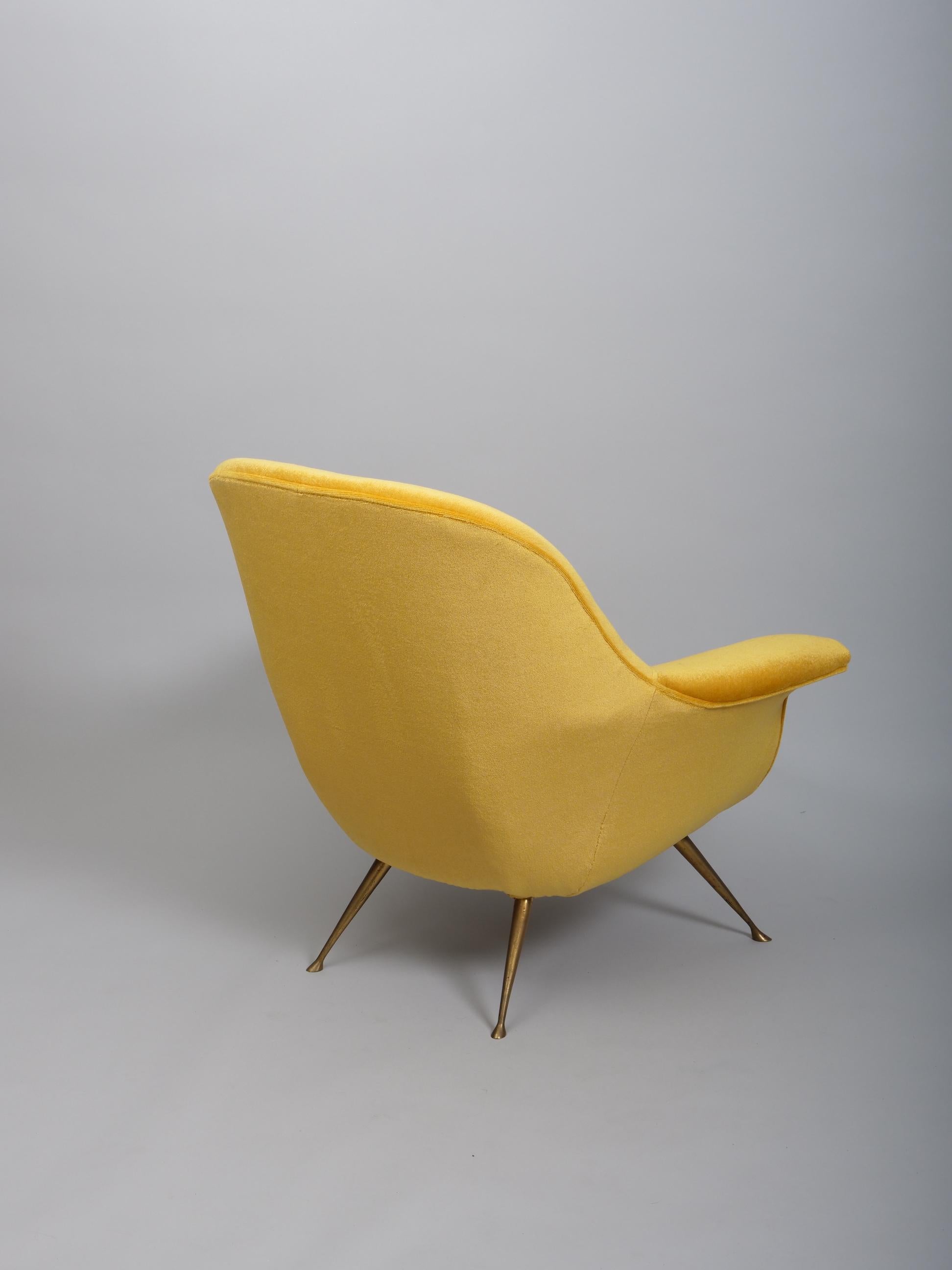 Italian mid century armchairs upholstered in a silk mohair velvet For Sale 1