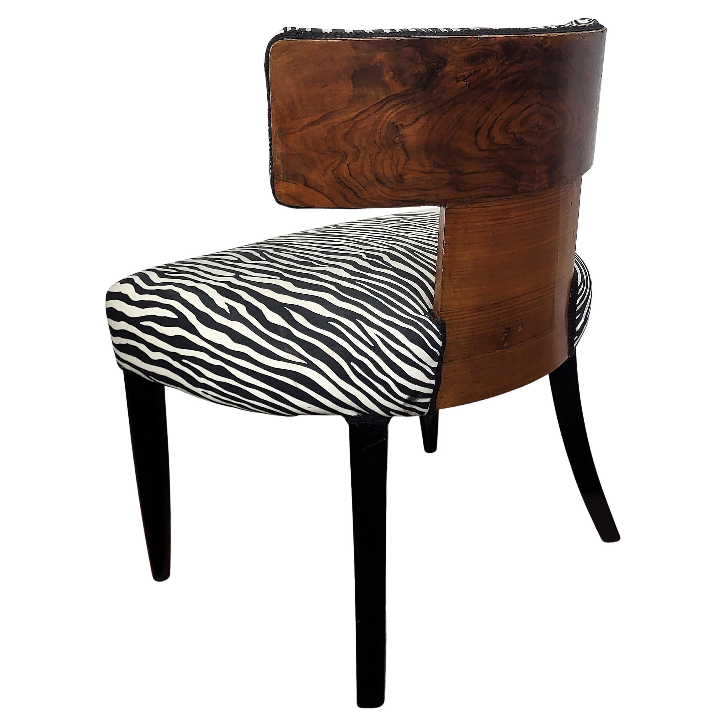 Italian Mid-Century Art Deco Briar Walnut Wood Animalier Zebra Upholstered Chair For Sale