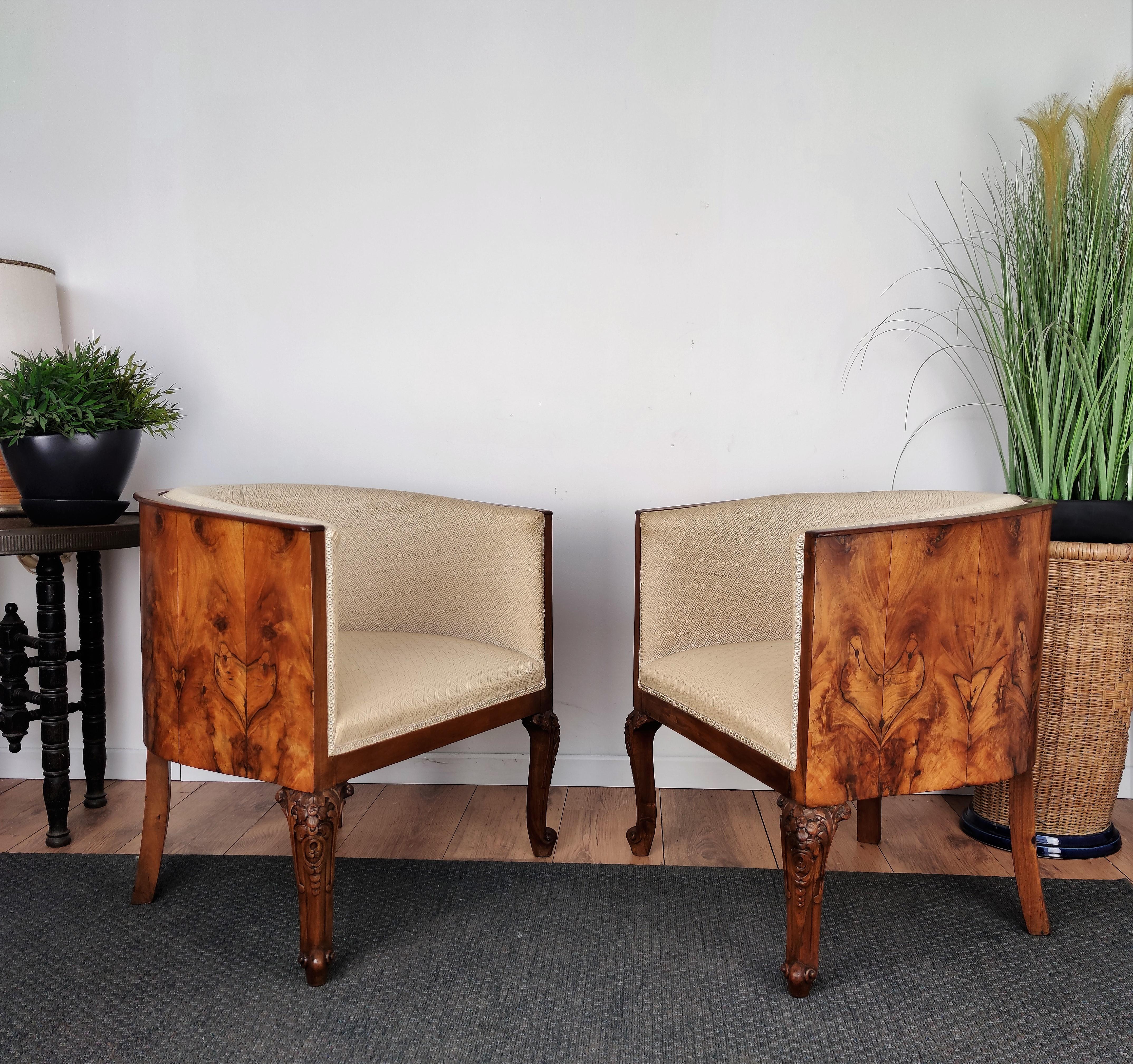 Italian Midcentury Art Deco Briar Walnut Wood Pair of Armchairs with Stools For Sale 6