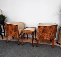 Italian Midcentury Art Deco Briar Walnut Wood Pair of Armchairs with Stools