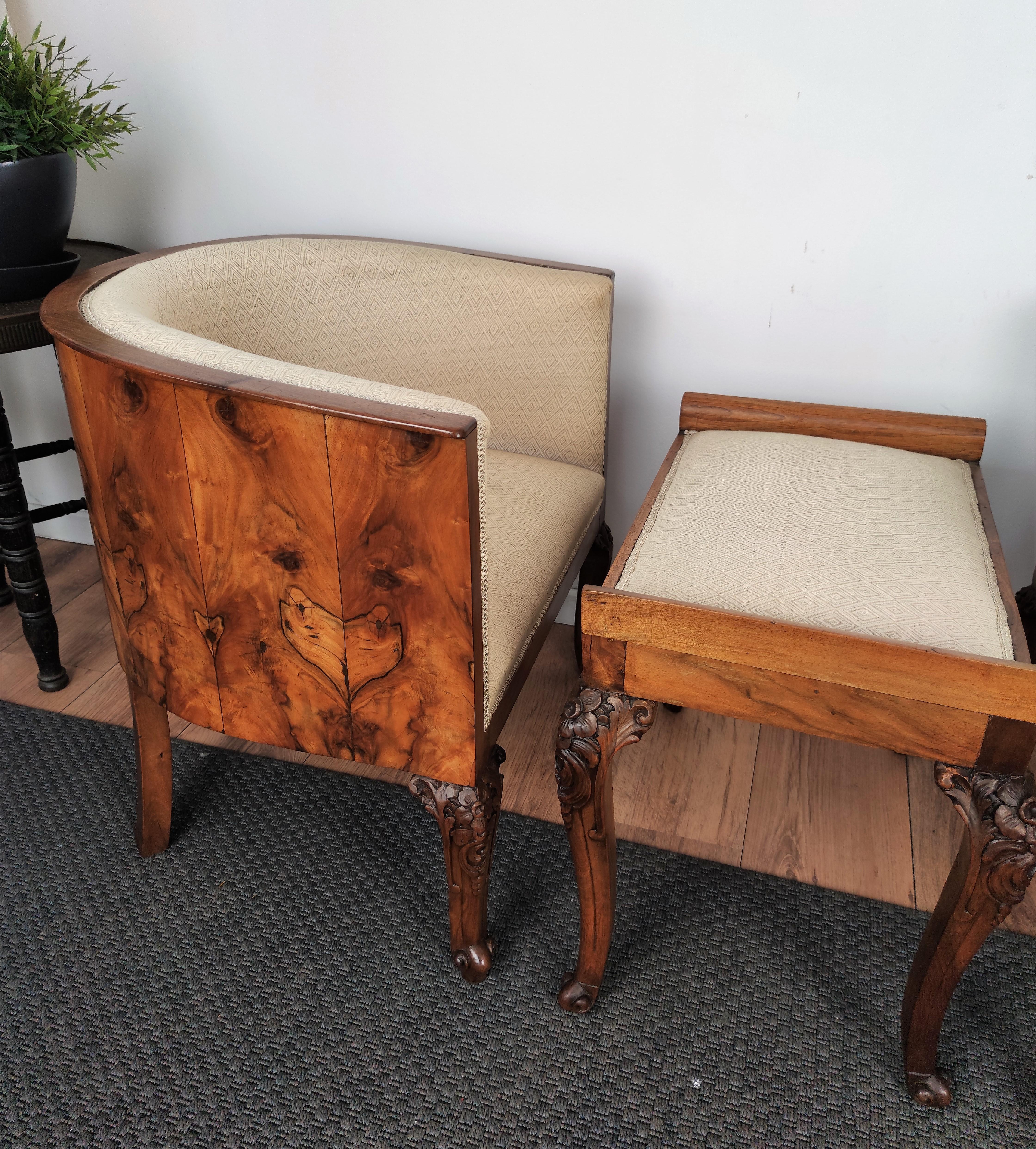 Italian Midcentury Art Deco Briar Walnut Wood Pair of Armchairs with Stools For Sale 1