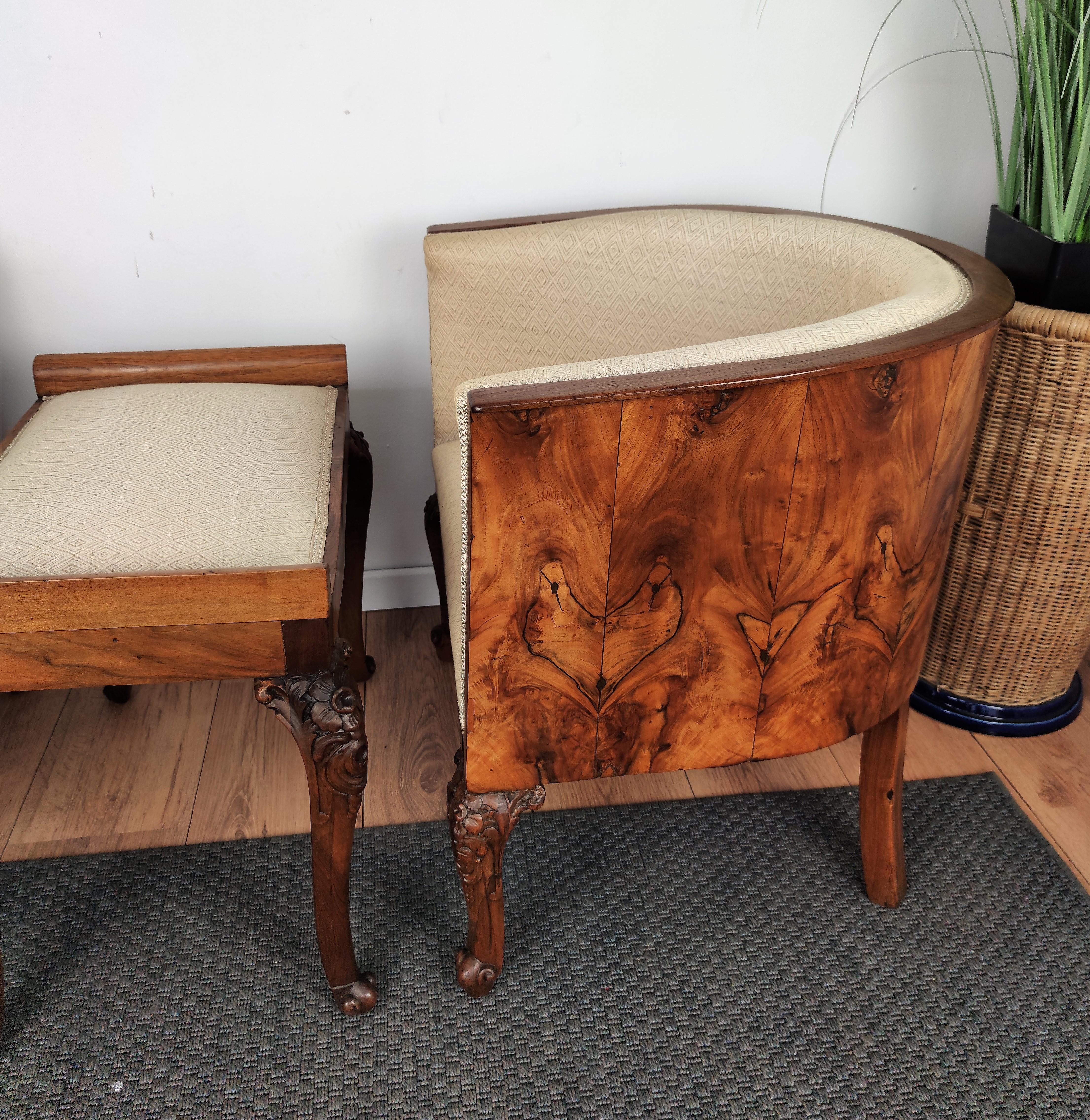 Italian Midcentury Art Deco Briar Walnut Wood Pair of Armchairs with Stools For Sale 2