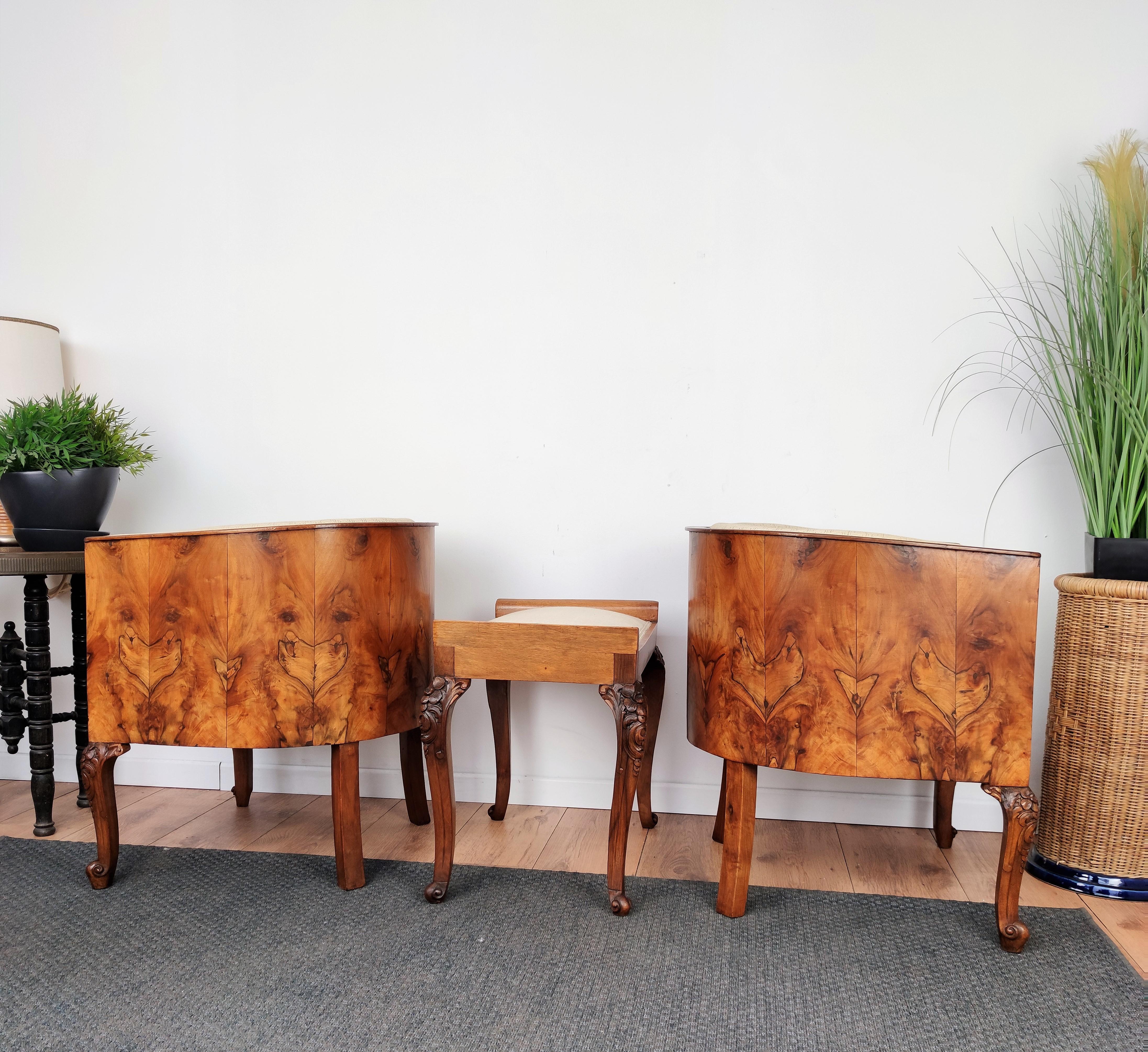 Italian Midcentury Art Deco Briar Walnut Wood Pair of Armchairs with Stools For Sale 4