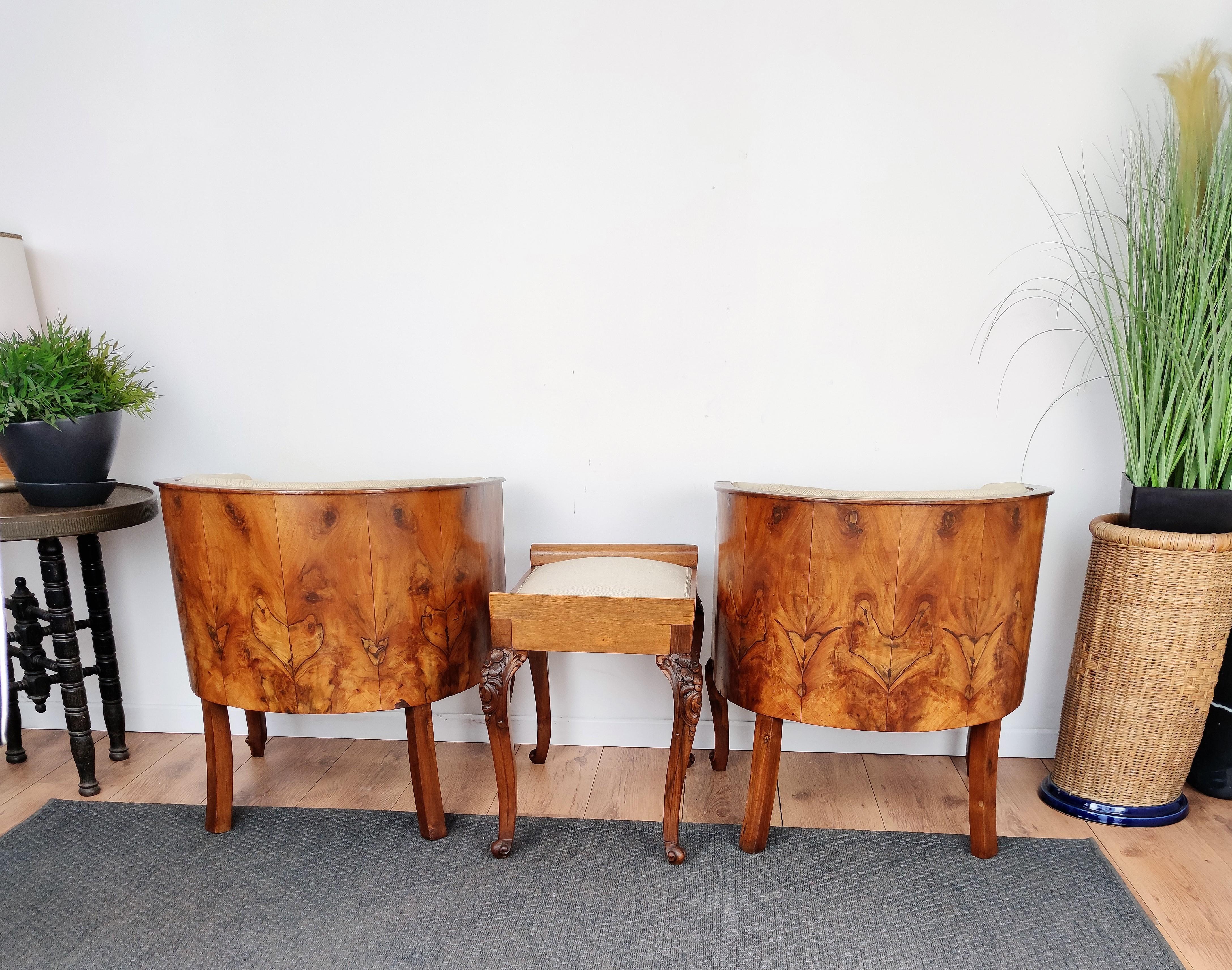 Italian Midcentury Art Deco Briar Walnut Wood Pair of Armchairs with Stools For Sale 5