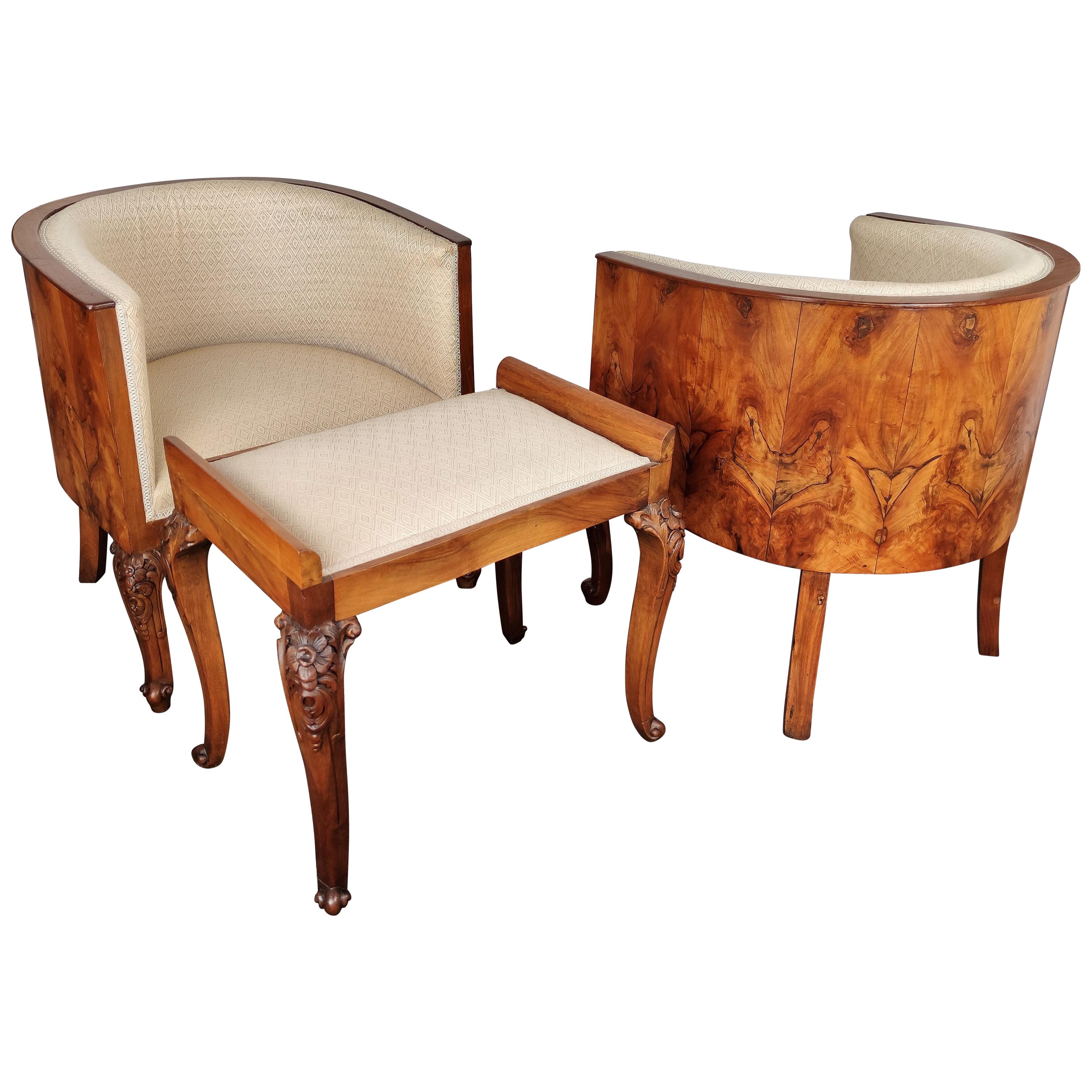 Italian Midcentury Art Deco Briar Walnut Wood Pair of Armchairs with Stools For Sale
