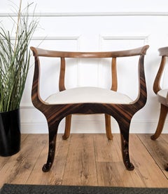 Italian Mid-Century Art Deco Briar Wood Pair of Upholstered Lounge Armchairs