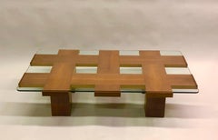 Tavolino da caffè italiano del Medioevo in frassino e vetro con motivo a griglia Marco Zanuso, Attribuito