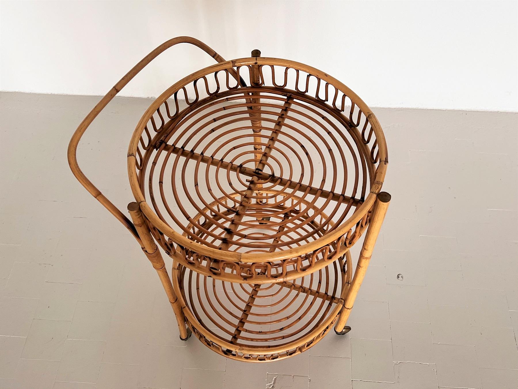 Italian Mid-Century Bamboo and Rattan Serving Bar Cart or Trolley, 1970 4