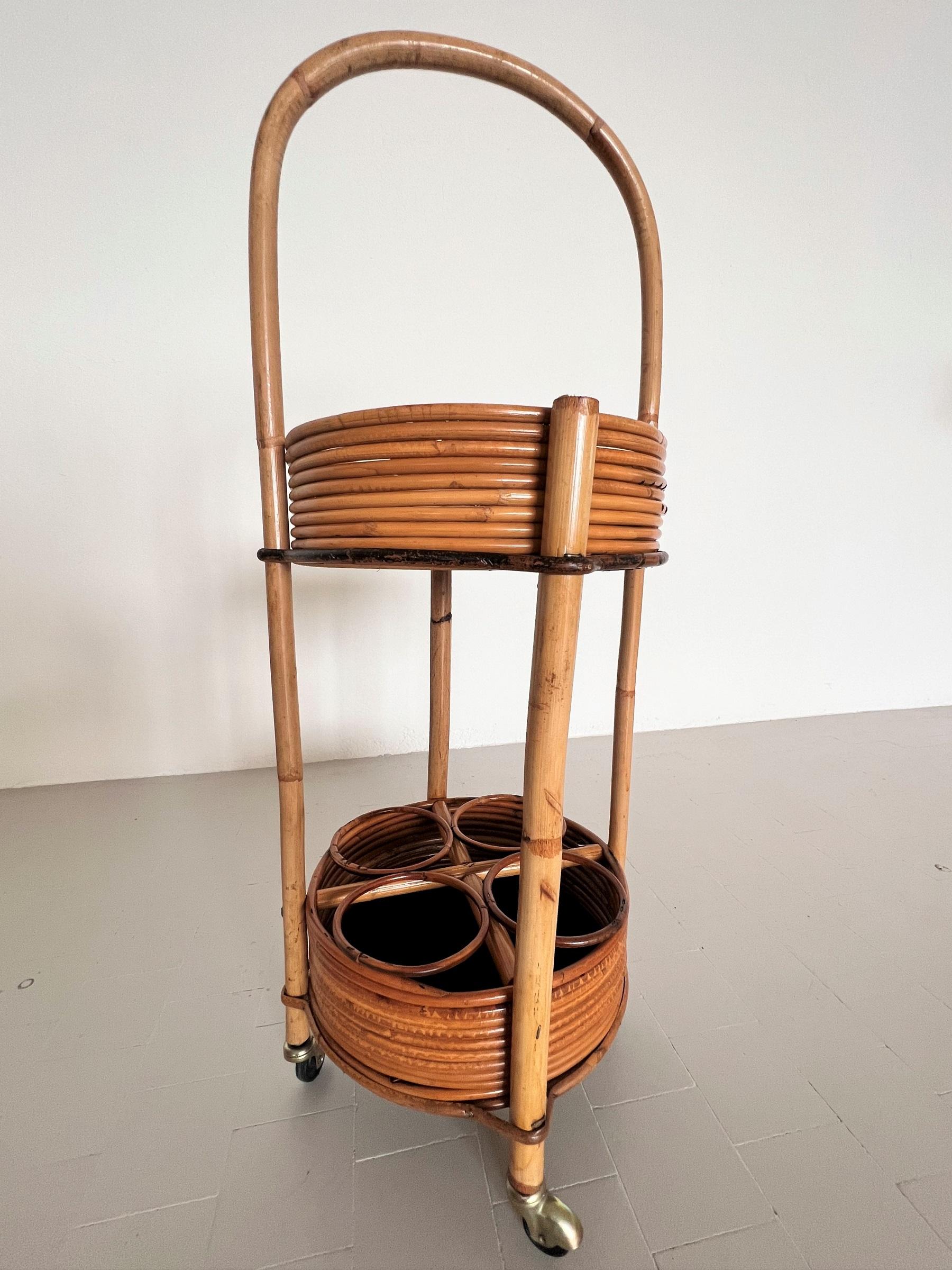 Italian Mid-Century Bamboo and Rattan Serving Bar Cart or Trolley, 1960 5