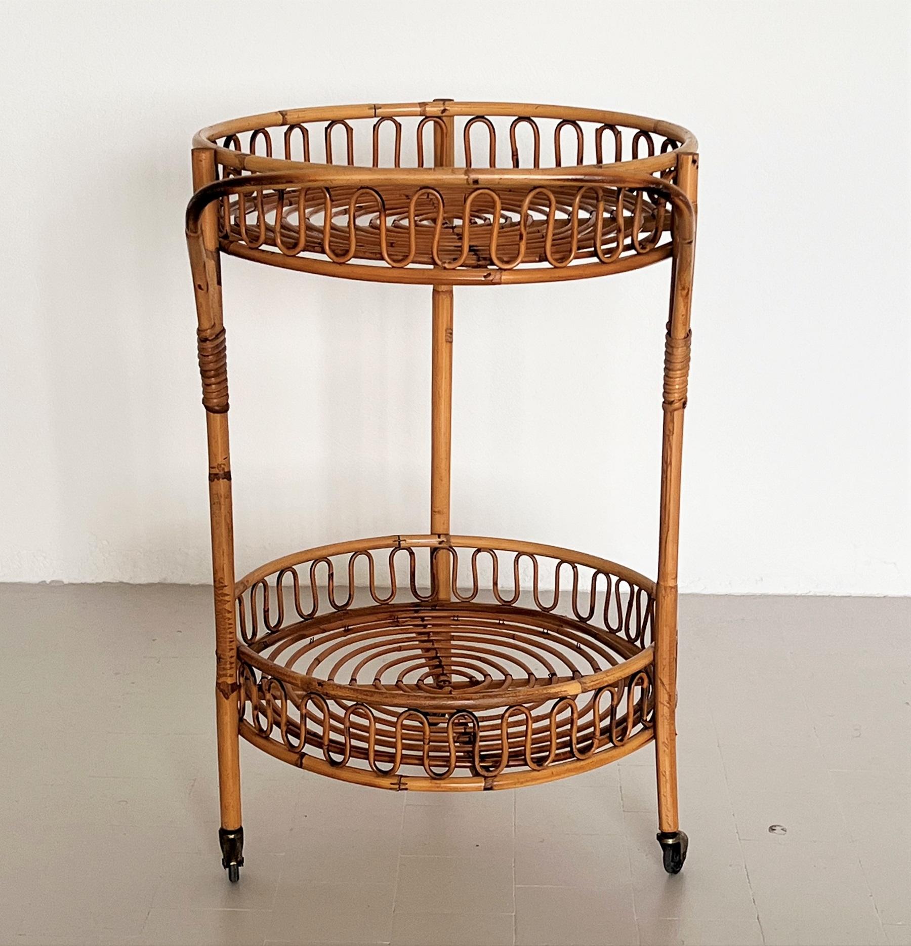 Hand-Crafted Italian Mid-Century Bamboo and Rattan Serving Bar Cart or Trolley, 1970