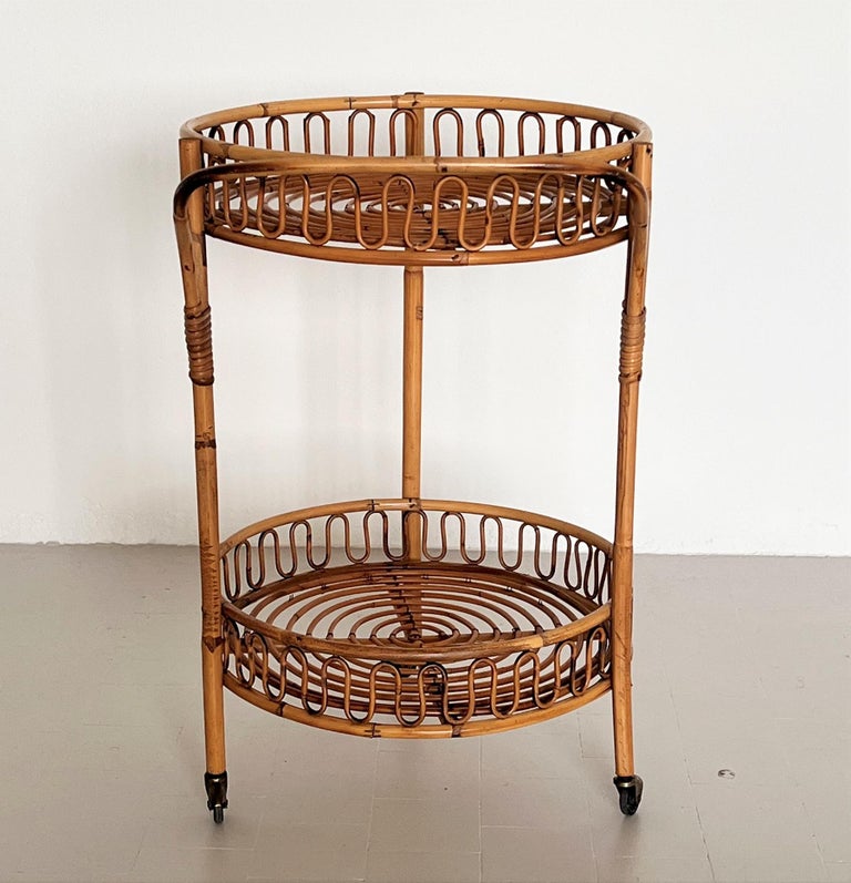 Hand-Crafted Italian Mid-Century Bamboo and Rattan Serving Bar Cart or Trolley, 1960 For Sale