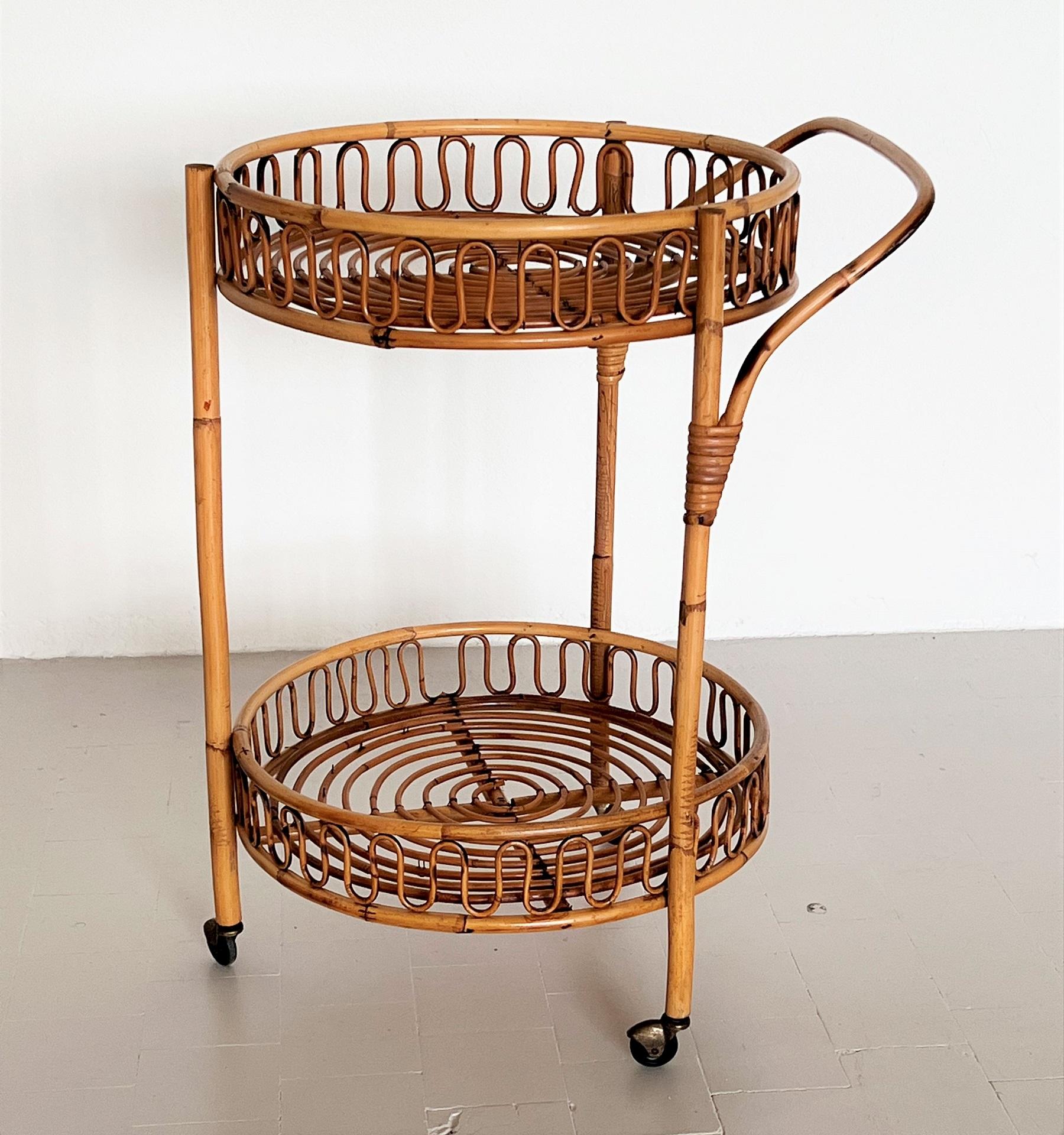 20th Century Italian Mid-Century Bamboo and Rattan Serving Bar Cart or Trolley, 1970