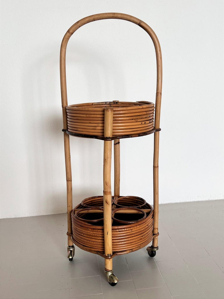 20th Century Italian Mid-Century Bamboo and Rattan Serving Bar Cart or Trolley, 1960 For Sale